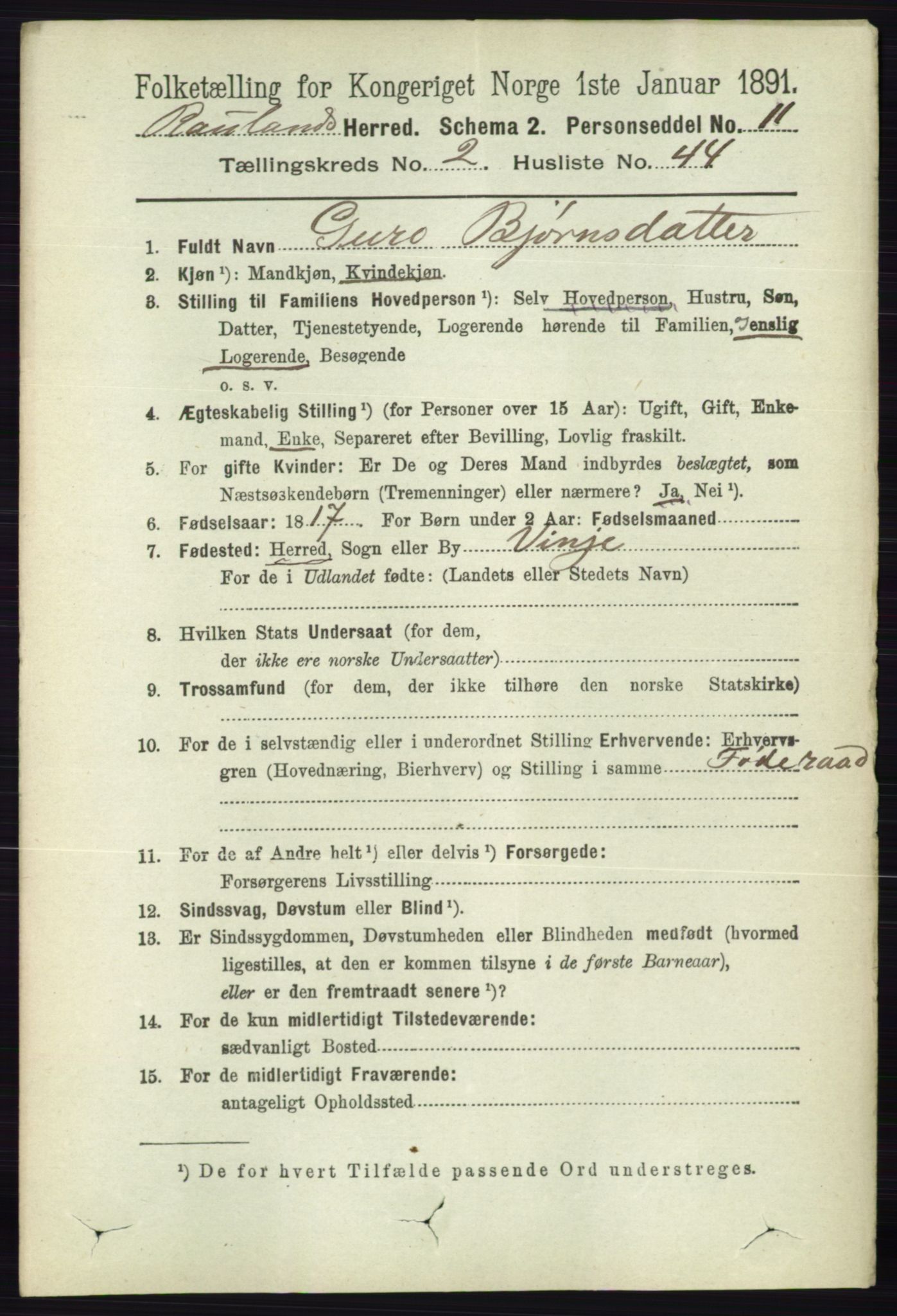 RA, 1891 census for 0835 Rauland, 1891, p. 558