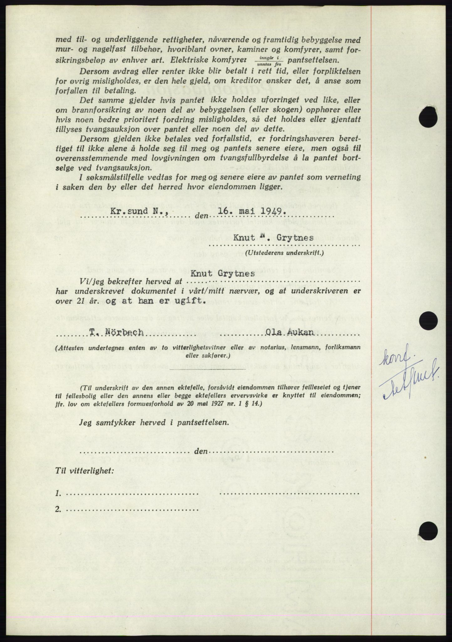 Nordmøre sorenskriveri, AV/SAT-A-4132/1/2/2Ca: Mortgage book no. B101, 1949-1949, Diary no: : 1482/1949