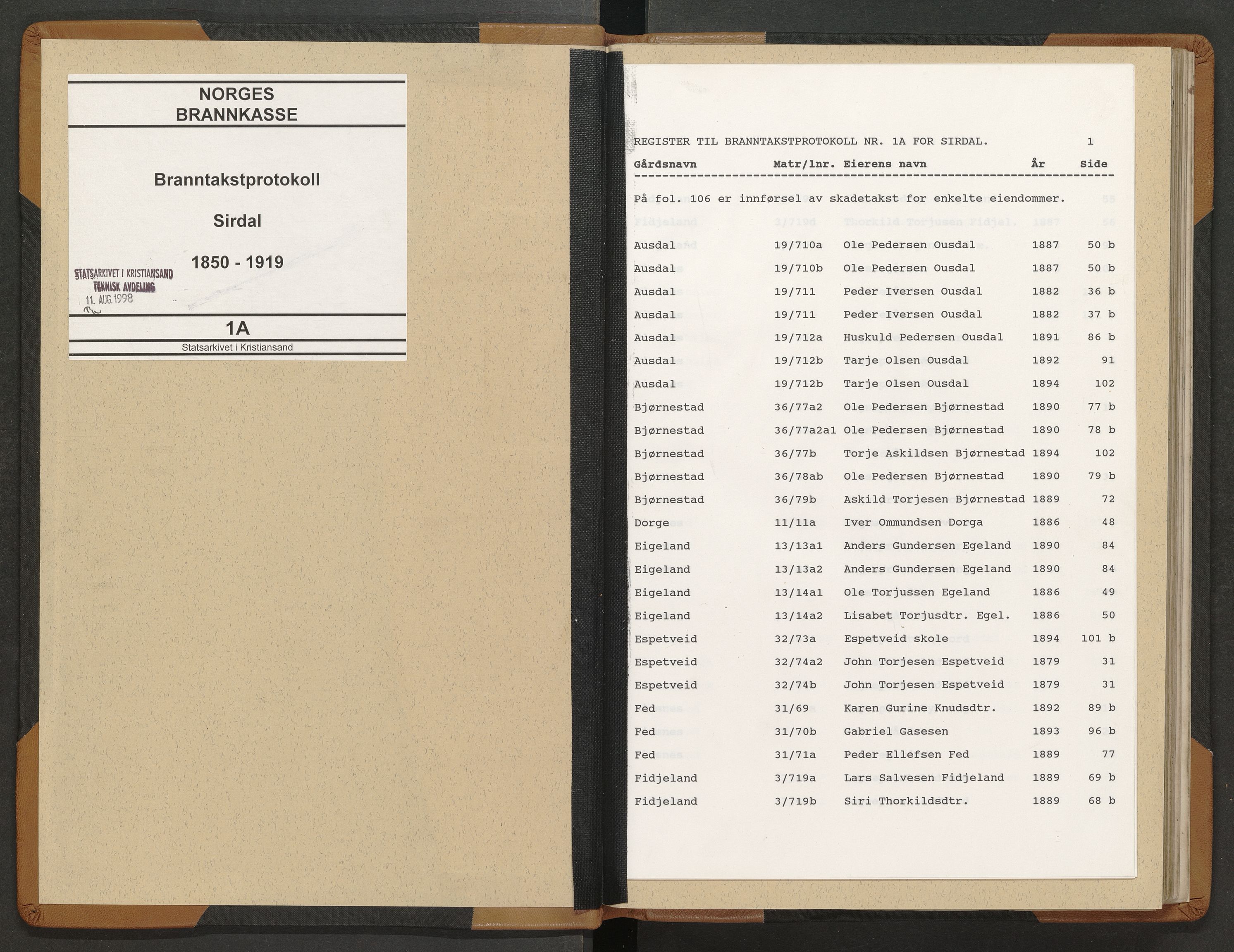 Norges Brannkasse Sirdal, AV/SAK-2241-0044/F/Fa/L0001: Branntakstprotokoll nr. 1a med gårdsnavnregister, 1850-1919