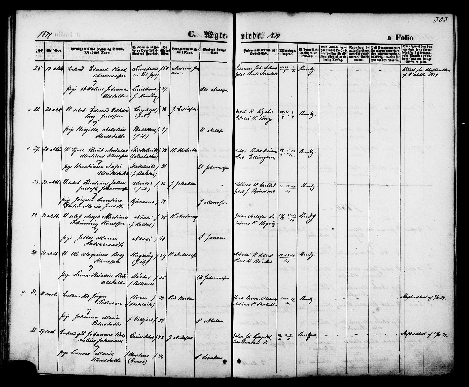 Ministerialprotokoller, klokkerbøker og fødselsregistre - Nordland, AV/SAT-A-1459/880/L1132: Parish register (official) no. 880A06, 1869-1887, p. 303