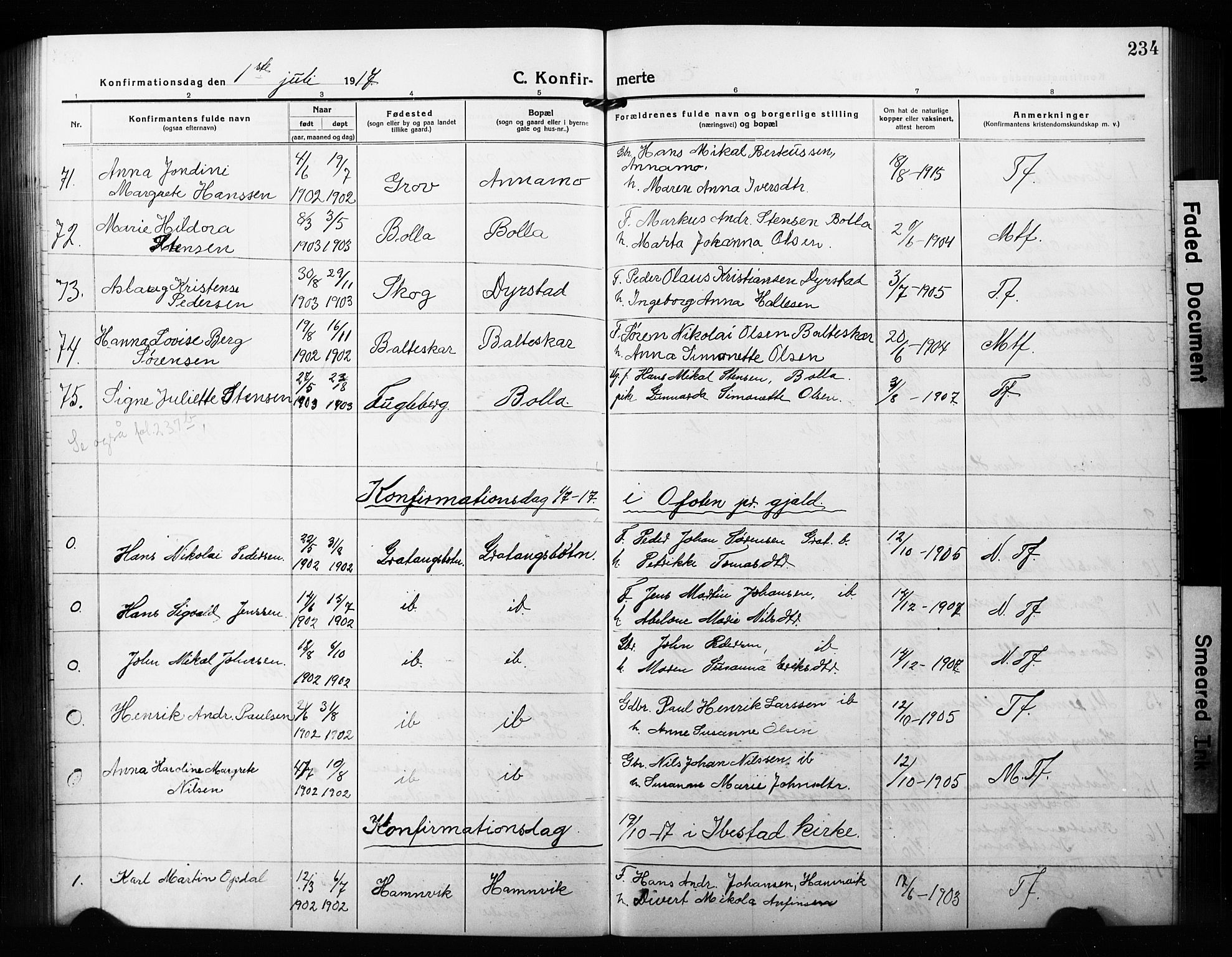 Ibestad sokneprestembete, AV/SATØ-S-0077/H/Ha/Hab/L0010klokker: Parish register (copy) no. 10, 1915-1929, p. 234