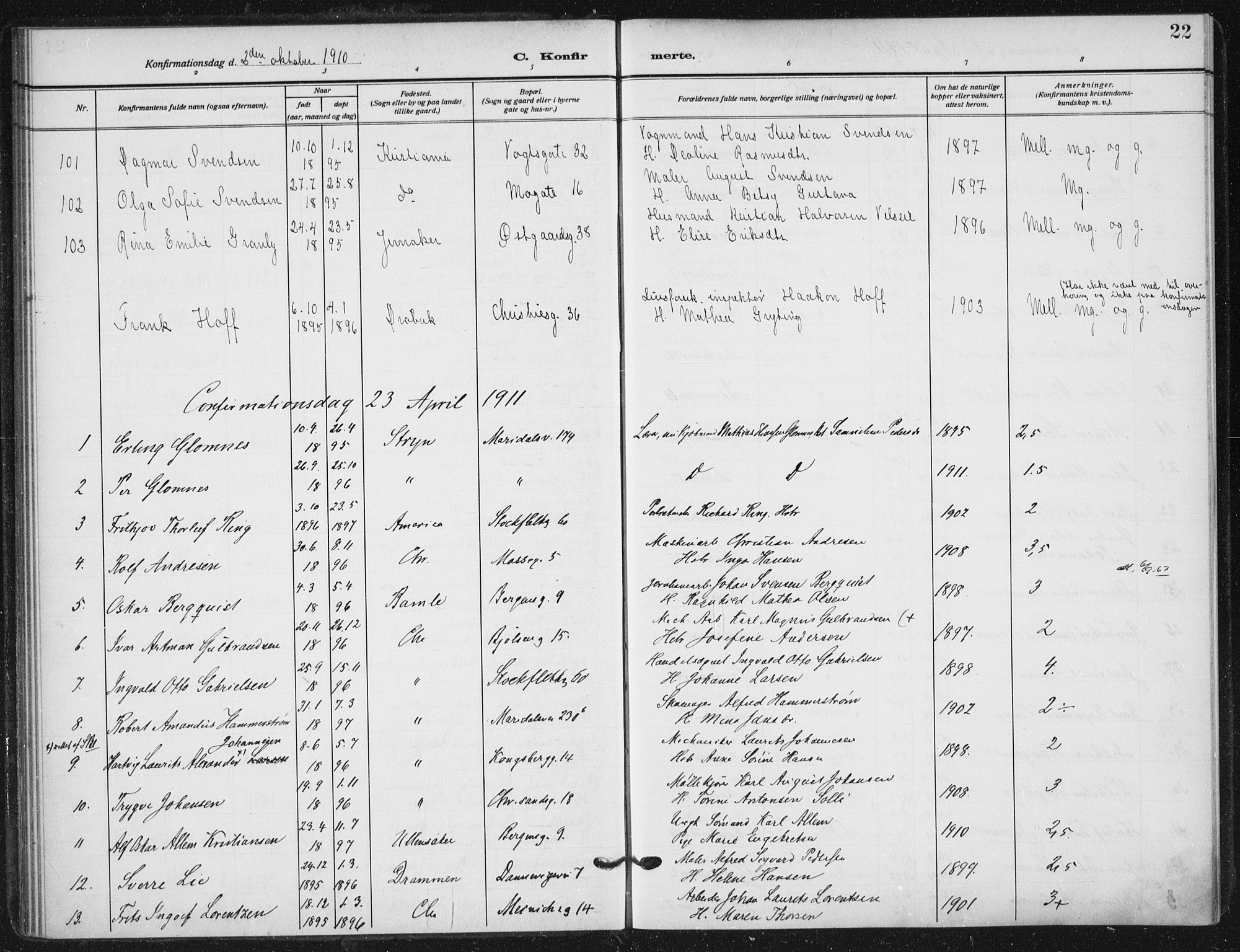 Sagene prestekontor Kirkebøker, SAO/A-10796/F/L0008: Parish register (official) no. 8, 1910-1919, p. 22