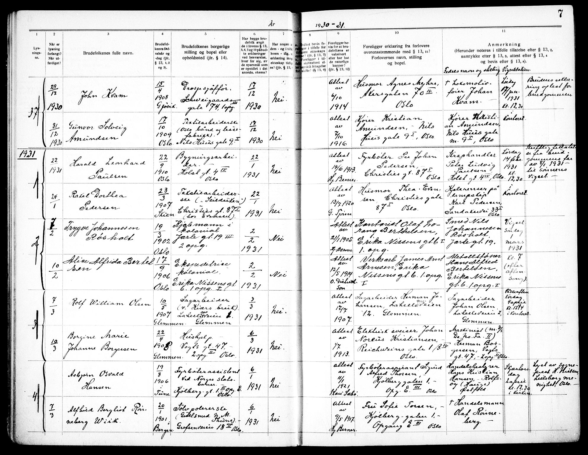 Torshov prestekontor Kirkebøker, SAO/A-10238a/H/Ha/L0001: Banns register no. 1, 1930-1938, p. 7