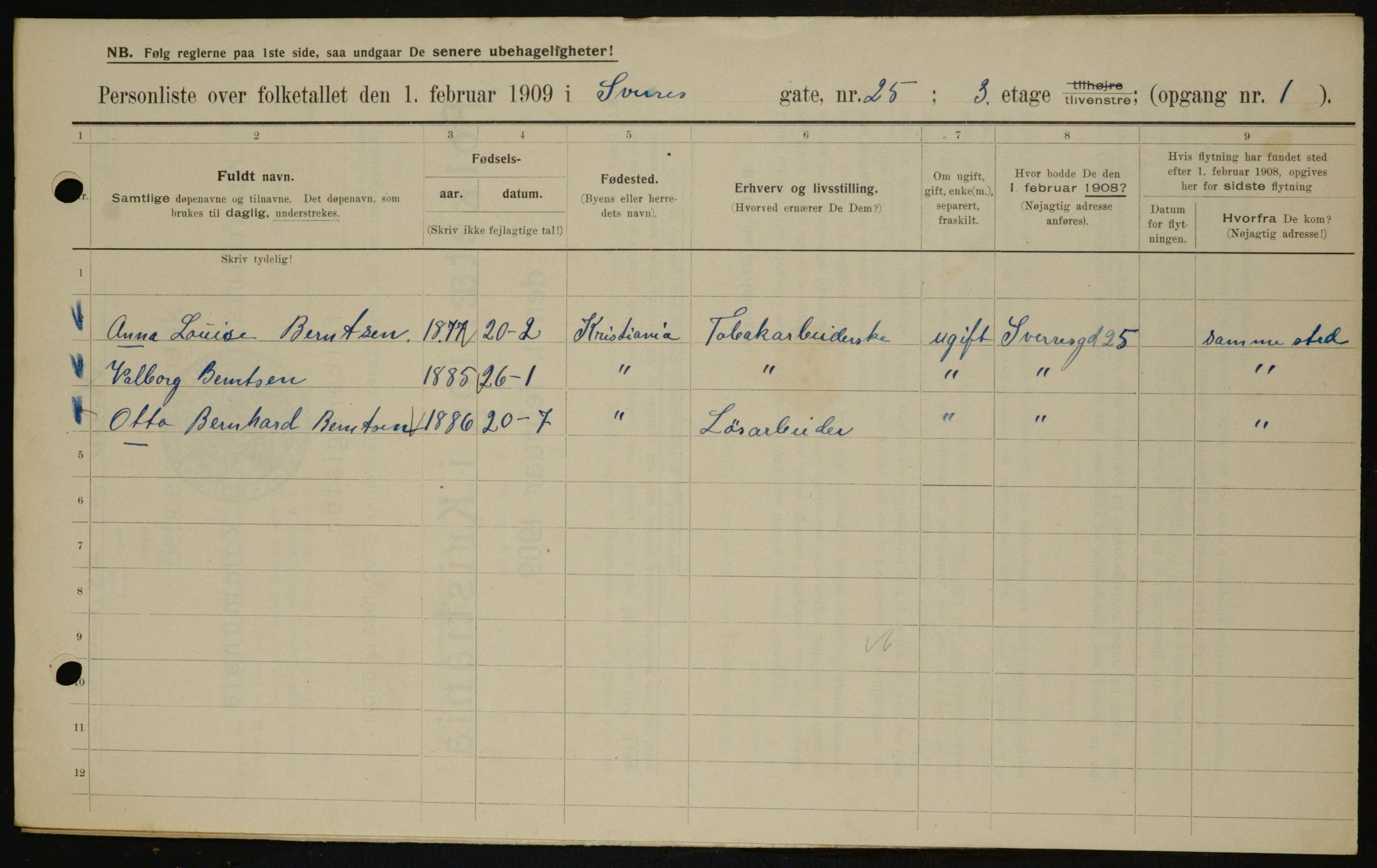 OBA, Municipal Census 1909 for Kristiania, 1909, p. 95995