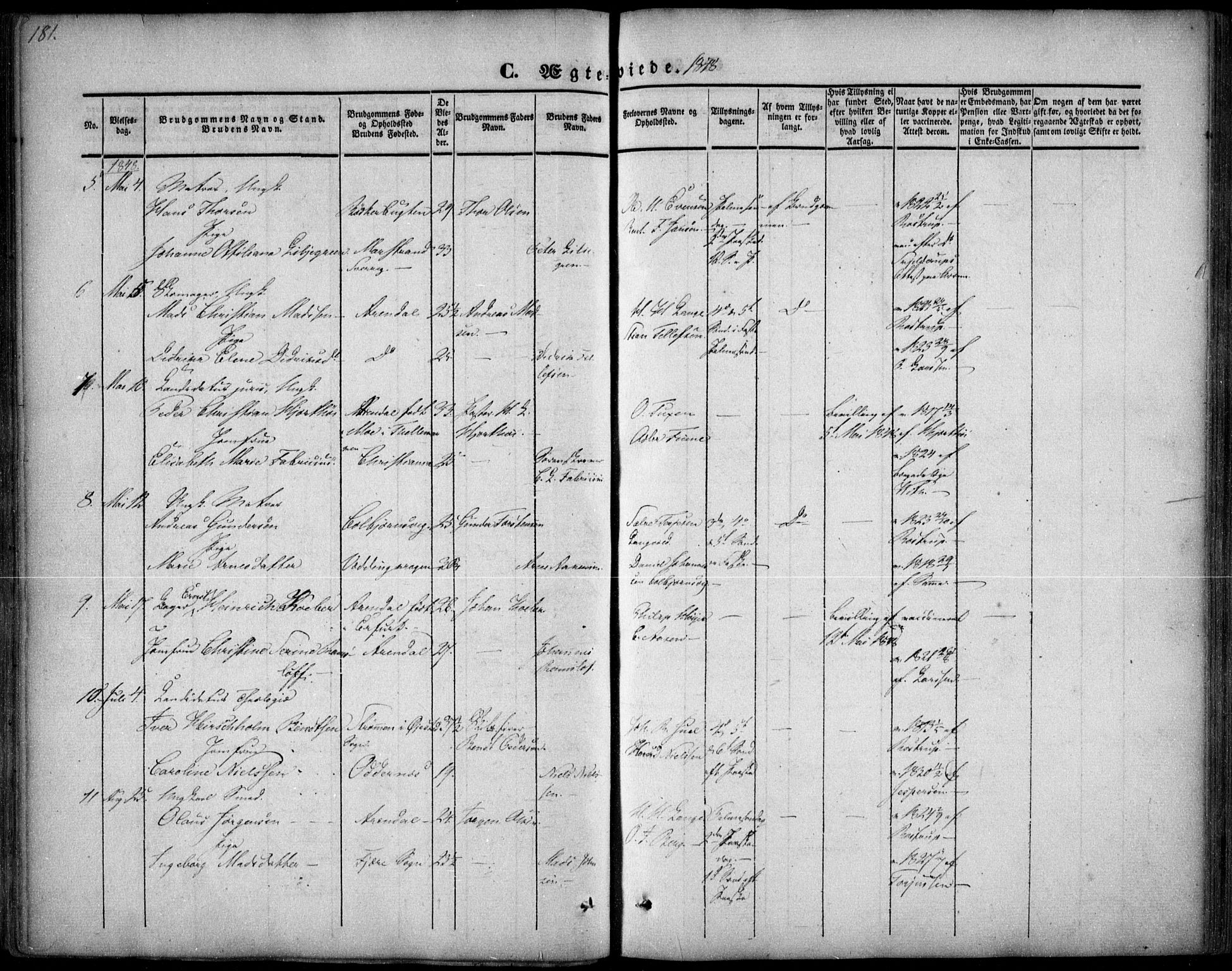 Arendal sokneprestkontor, Trefoldighet, AV/SAK-1111-0040/F/Fa/L0005: Parish register (official) no. A 5, 1838-1854, p. 181