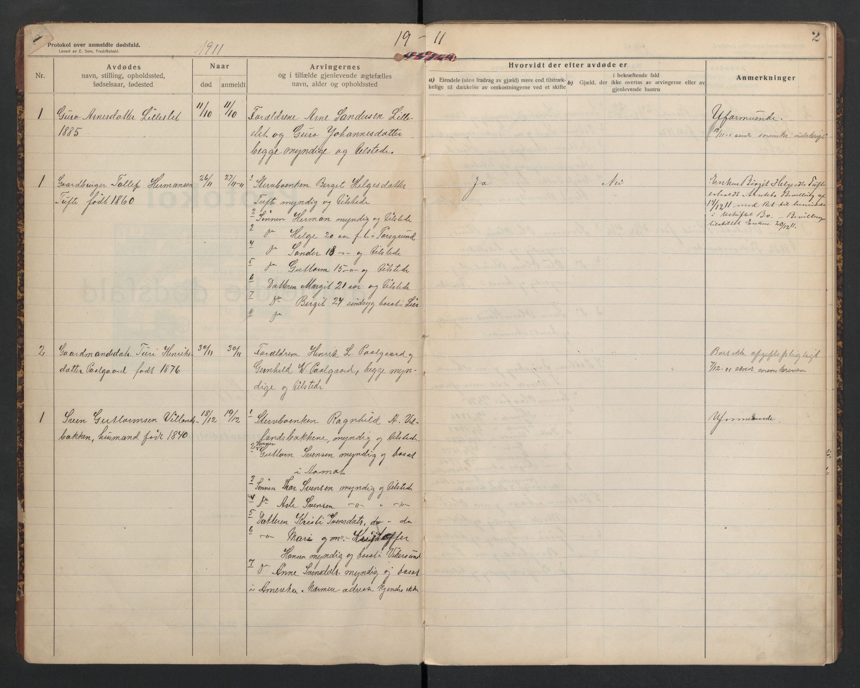 Hol lensmannskontor, AV/SAKO-A-512/H/Ha/L0004: Dødsanmeldelsesprotokoll, 1911-1916, p. 2