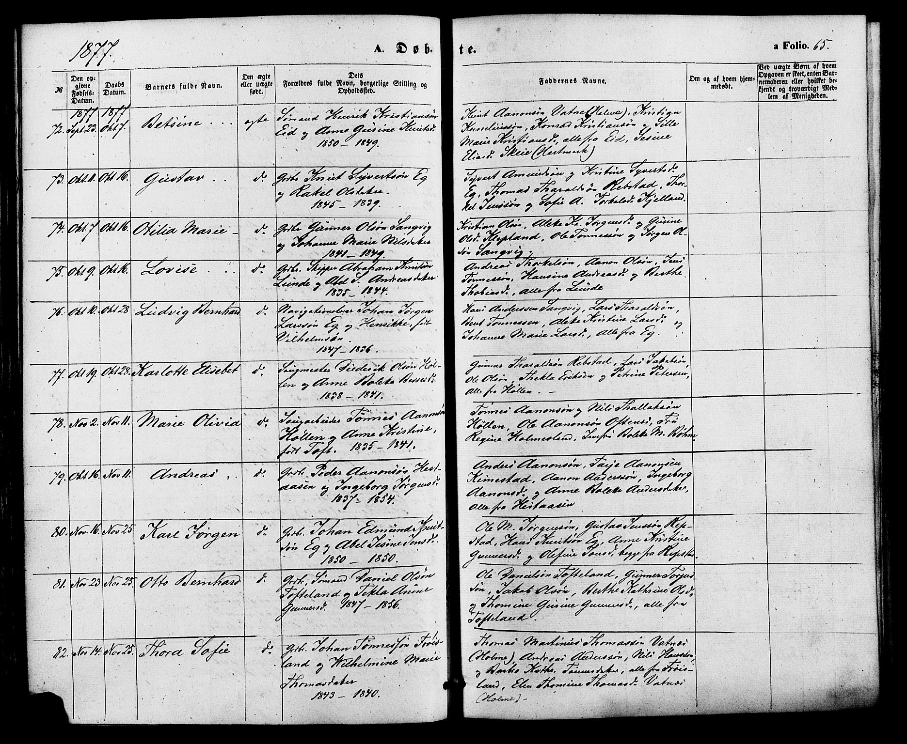 Søgne sokneprestkontor, SAK/1111-0037/F/Fa/Fab/L0011: Parish register (official) no. A 11, 1869-1879, p. 65