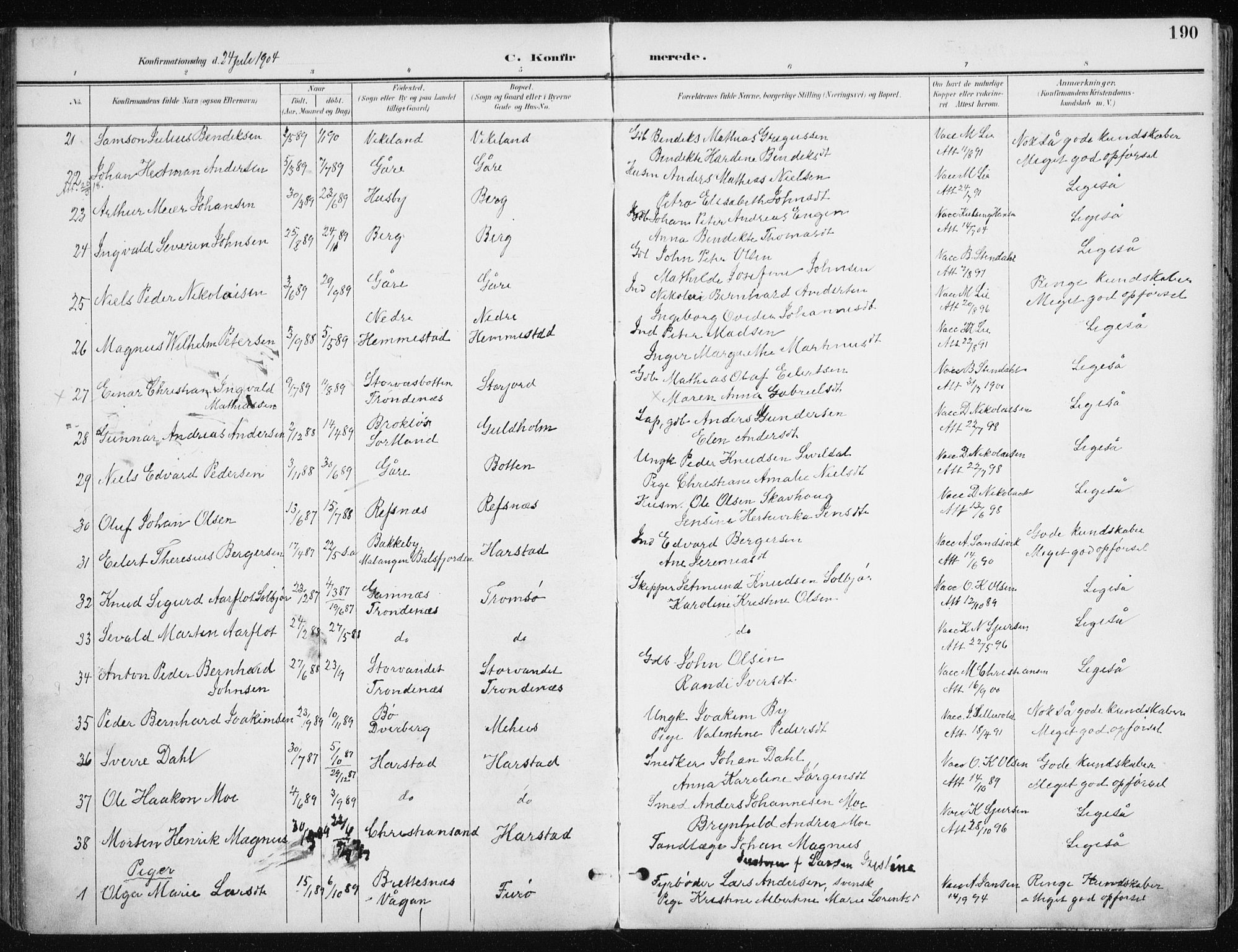 Kvæfjord sokneprestkontor, SATØ/S-1323/G/Ga/Gaa/L0006kirke: Parish register (official) no. 6, 1895-1914, p. 190