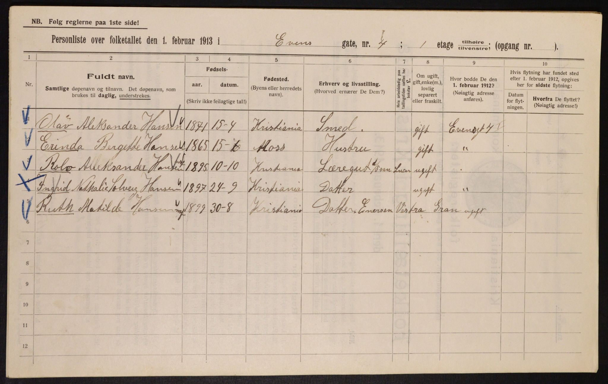 OBA, Municipal Census 1913 for Kristiania, 1913, p. 23018