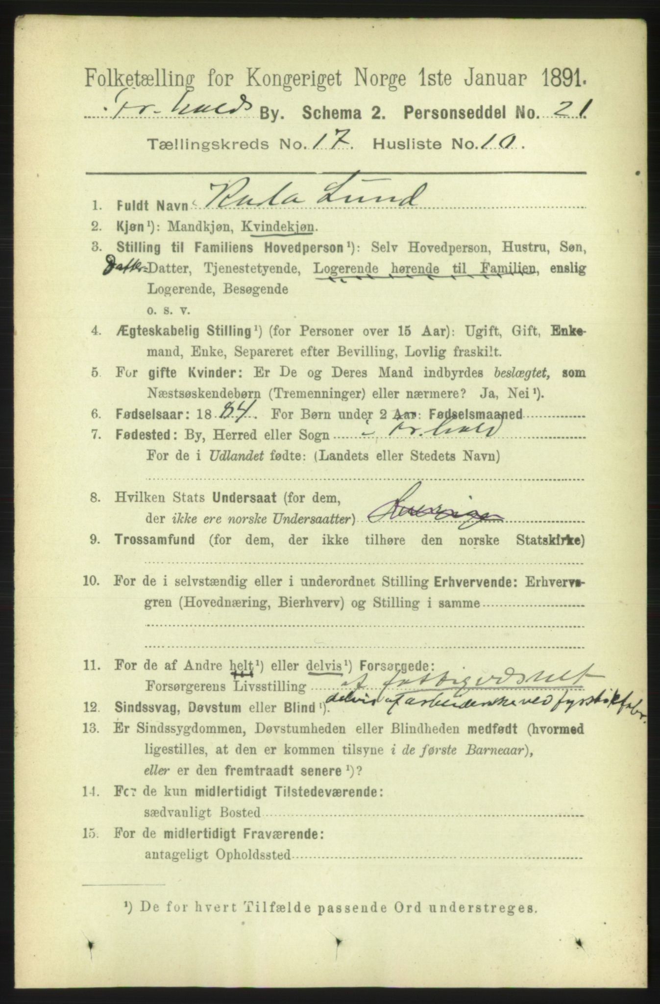 RA, 1891 census for 0101 Fredrikshald, 1891, p. 11016