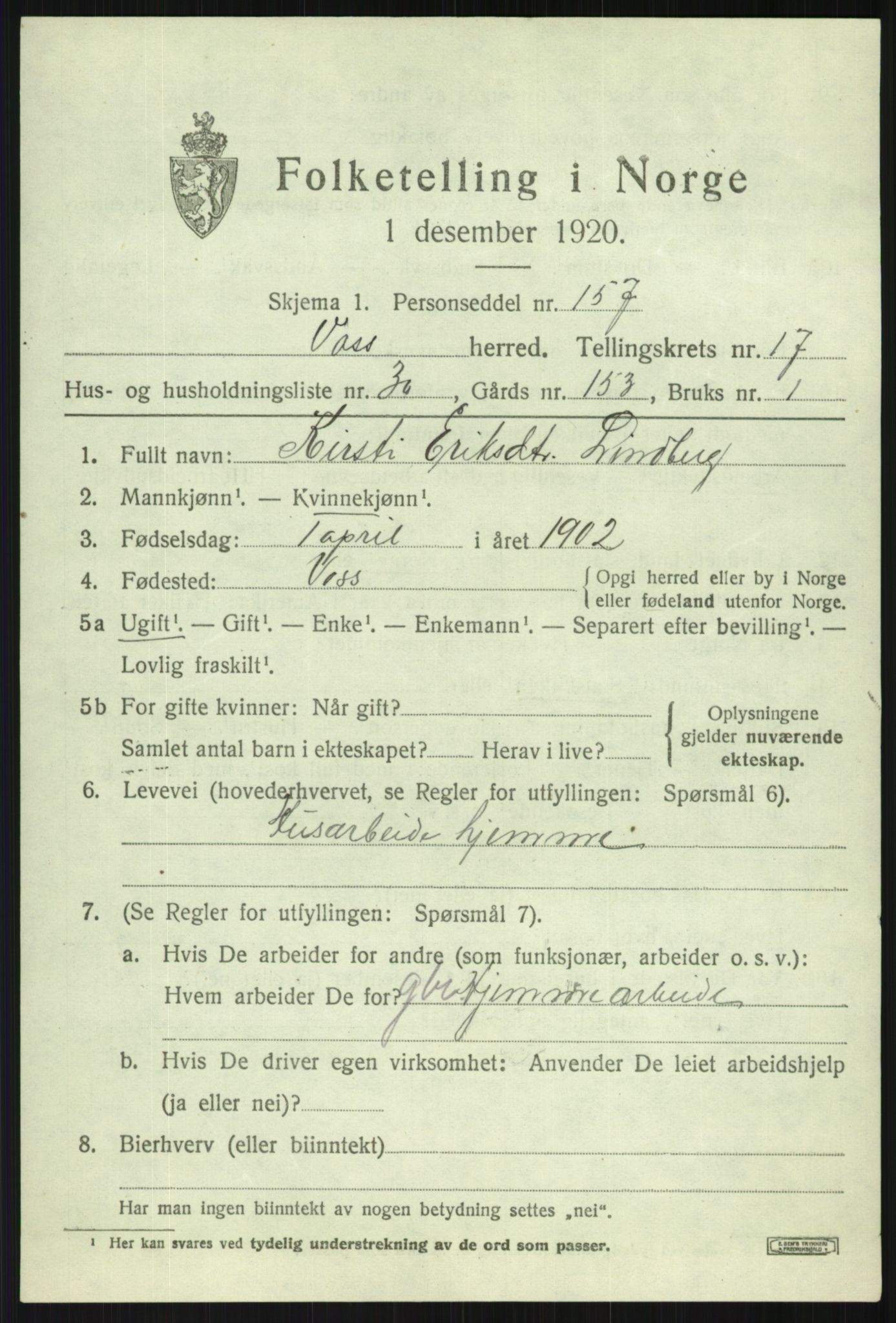 SAB, 1920 census for Voss, 1920, p. 13911