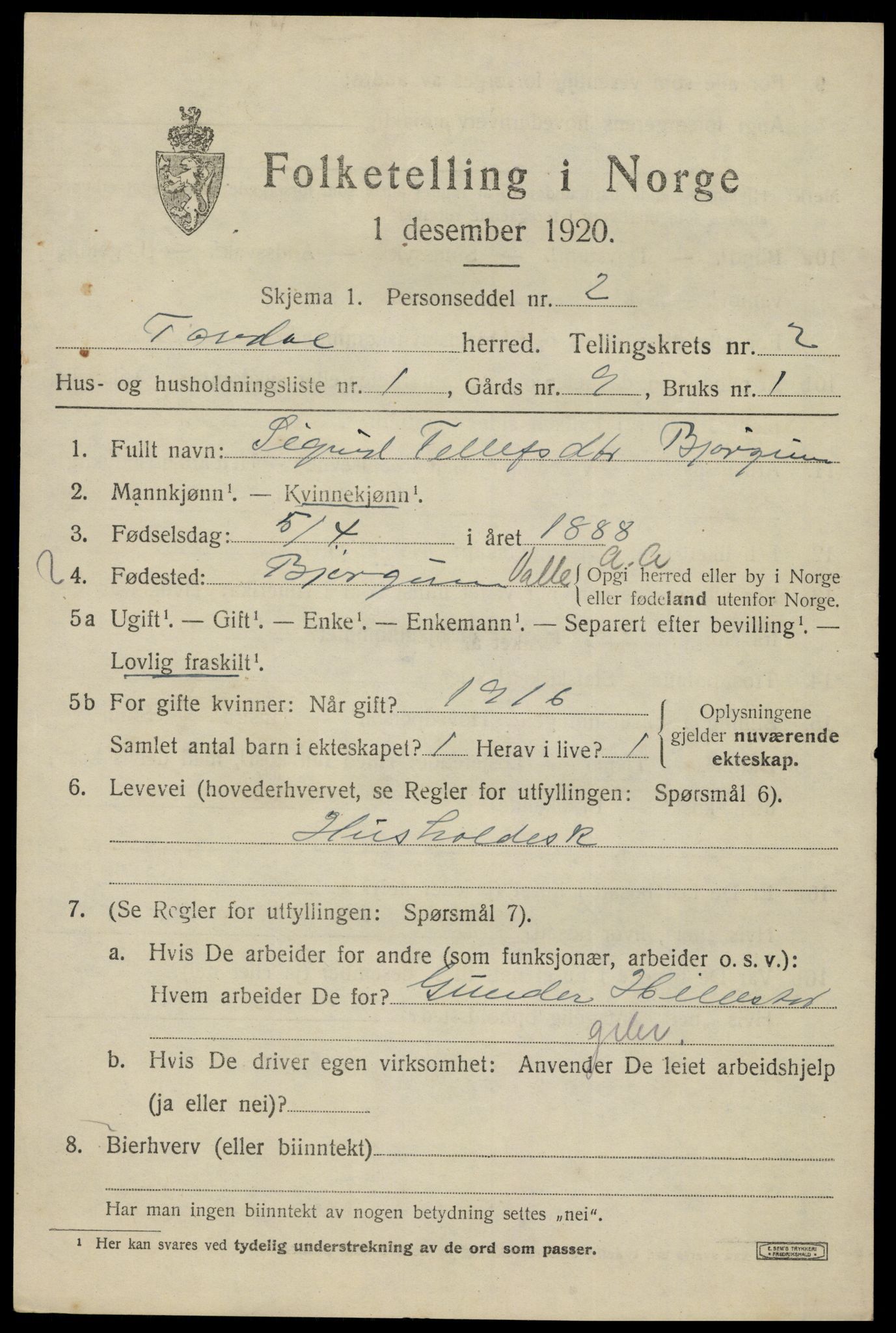 SAK, 1920 census for Tovdal, 1920, p. 325