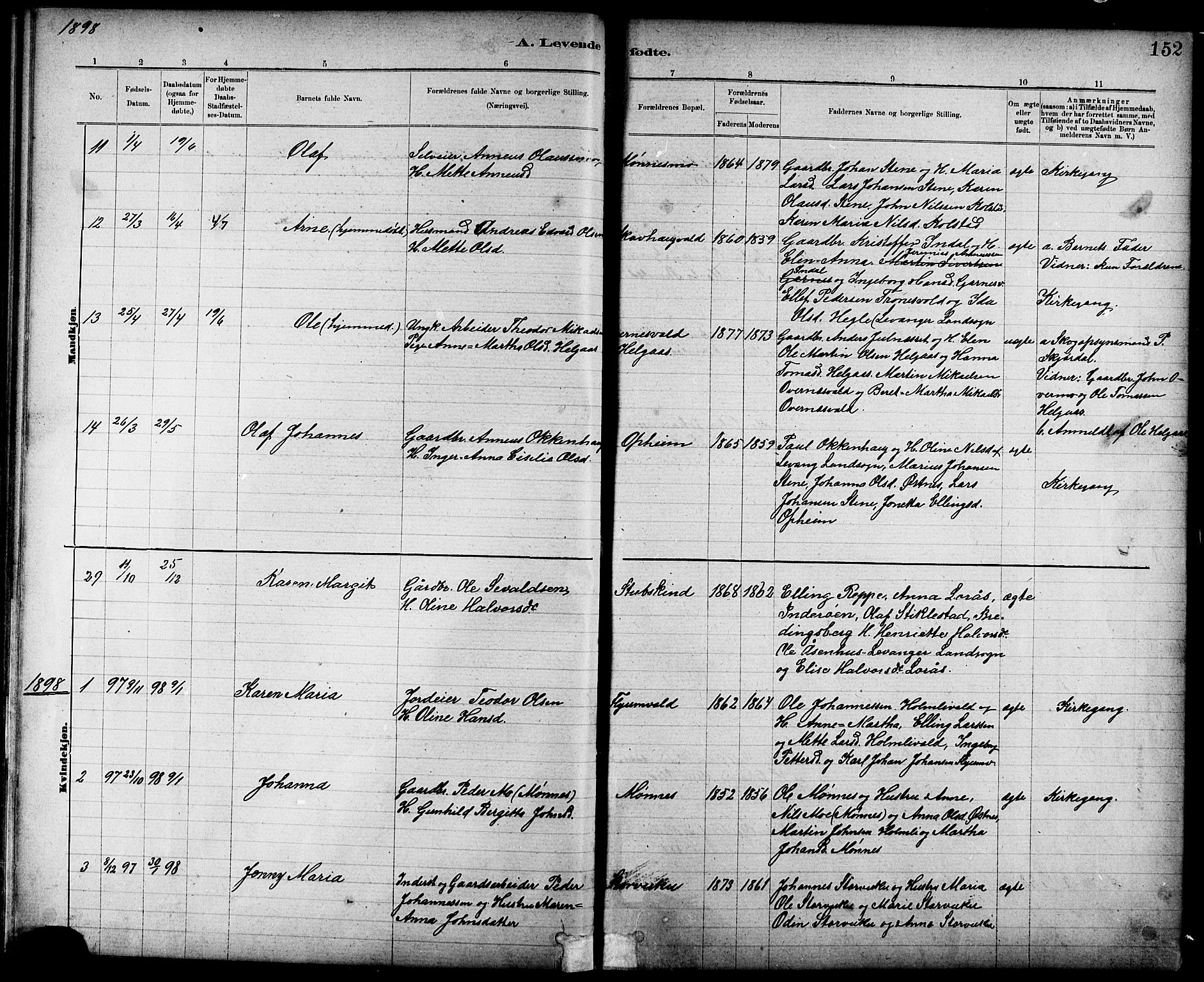 Ministerialprotokoller, klokkerbøker og fødselsregistre - Nord-Trøndelag, SAT/A-1458/724/L0267: Parish register (copy) no. 724C03, 1879-1898, p. 152