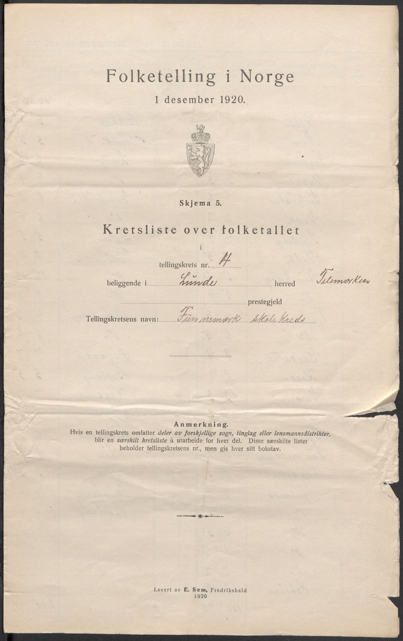 SAKO, 1920 census for Lunde, 1920, p. 15