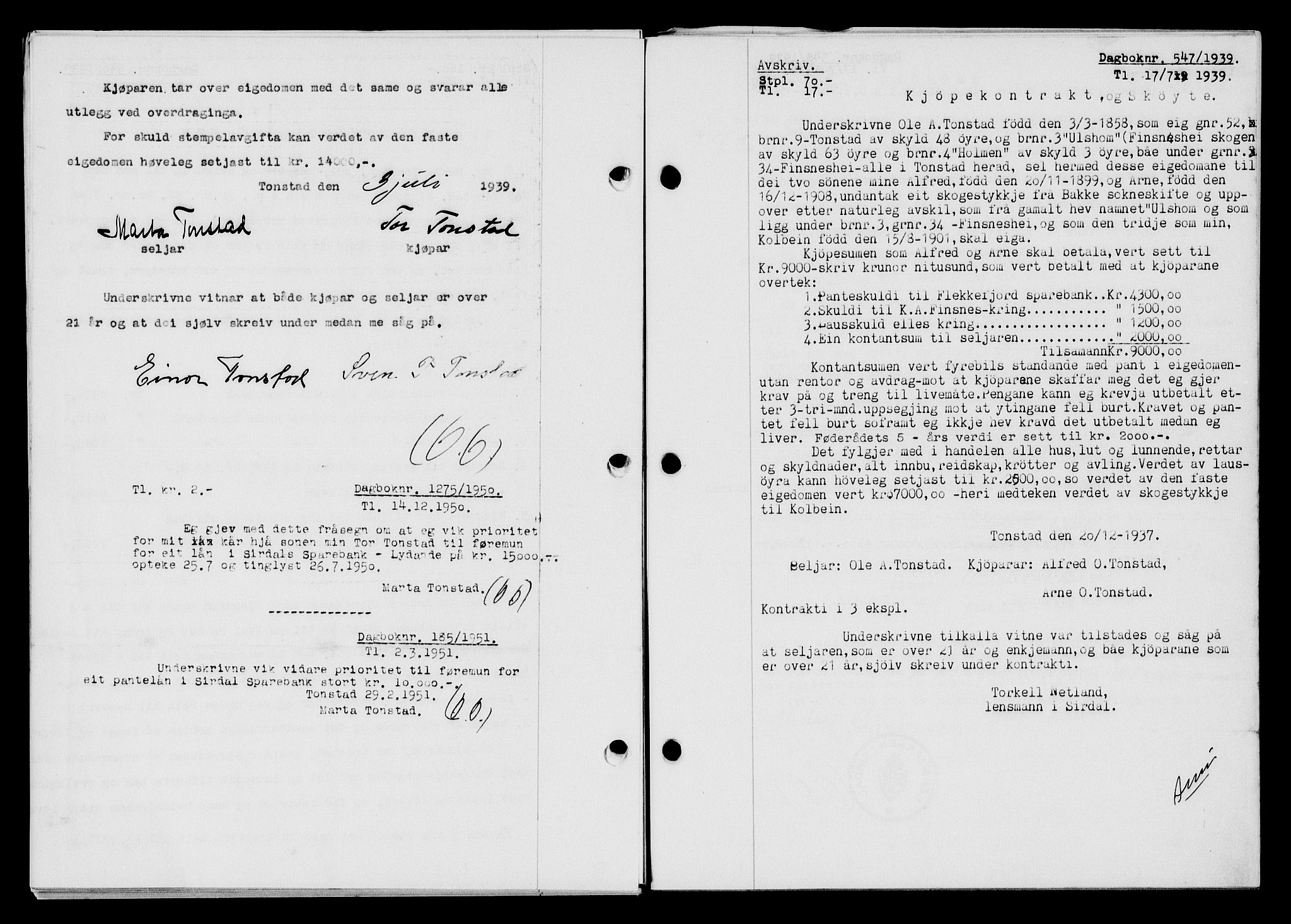 Flekkefjord sorenskriveri, AV/SAK-1221-0001/G/Gb/Gba/L0055: Mortgage book no. A-3, 1939-1939, Diary no: : 547/1939