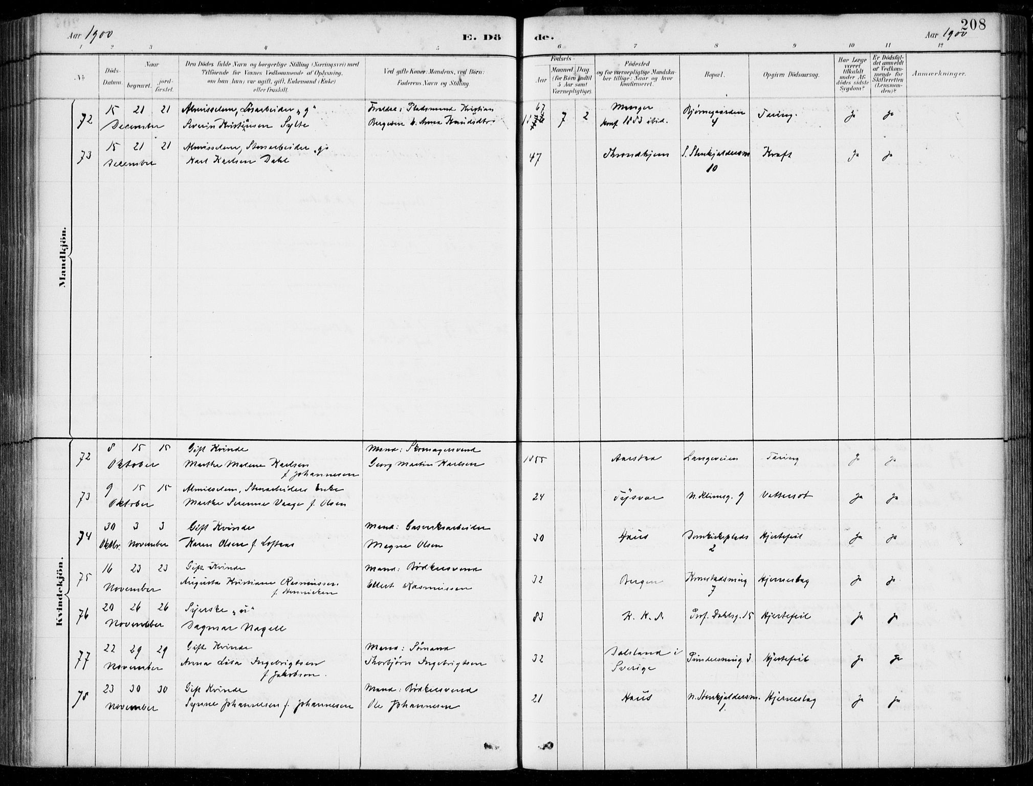 Korskirken sokneprestembete, AV/SAB-A-76101/H/Hab: Parish register (copy) no. E 4, 1884-1910, p. 208