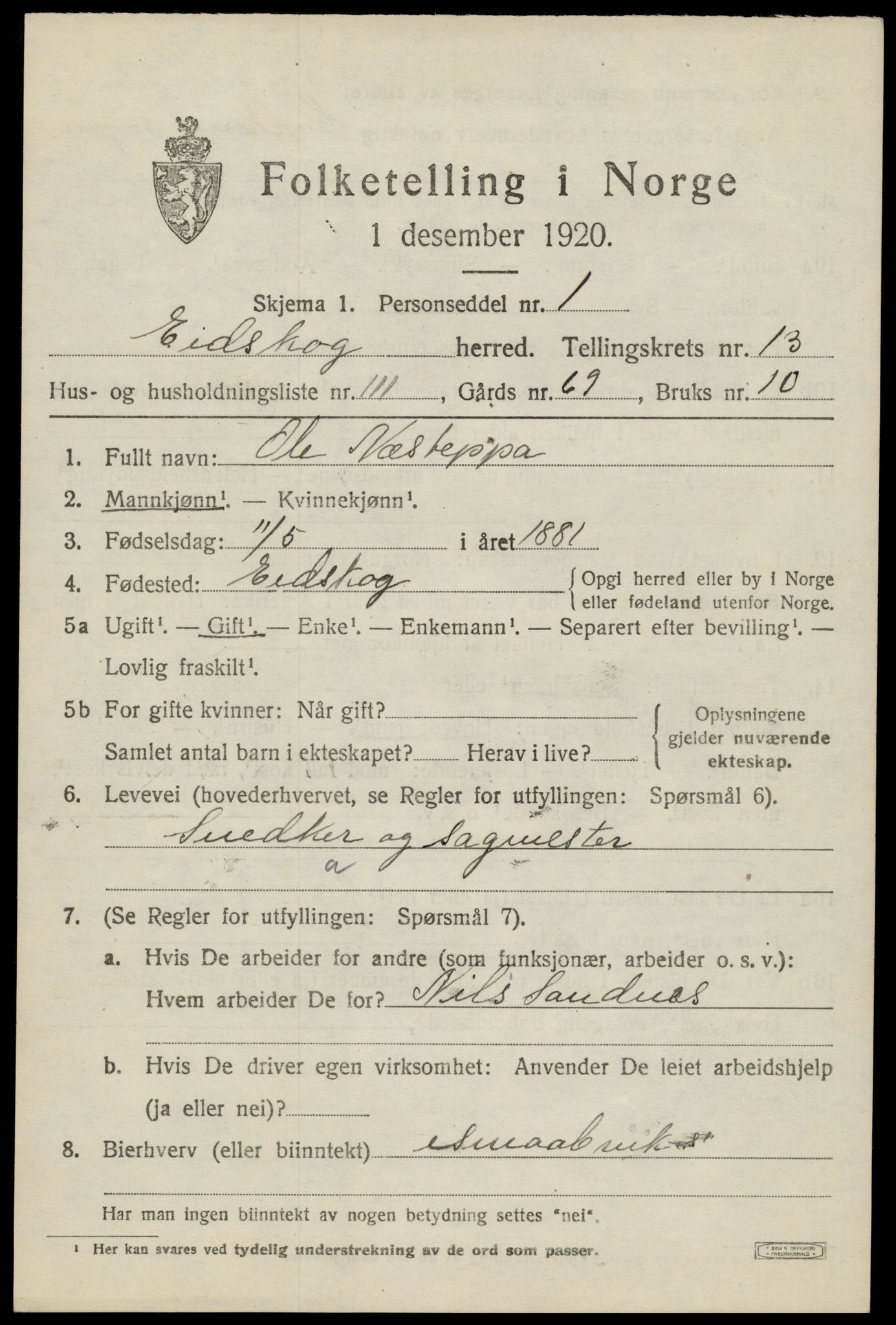 SAH, 1920 census for Eidskog, 1920, p. 13297