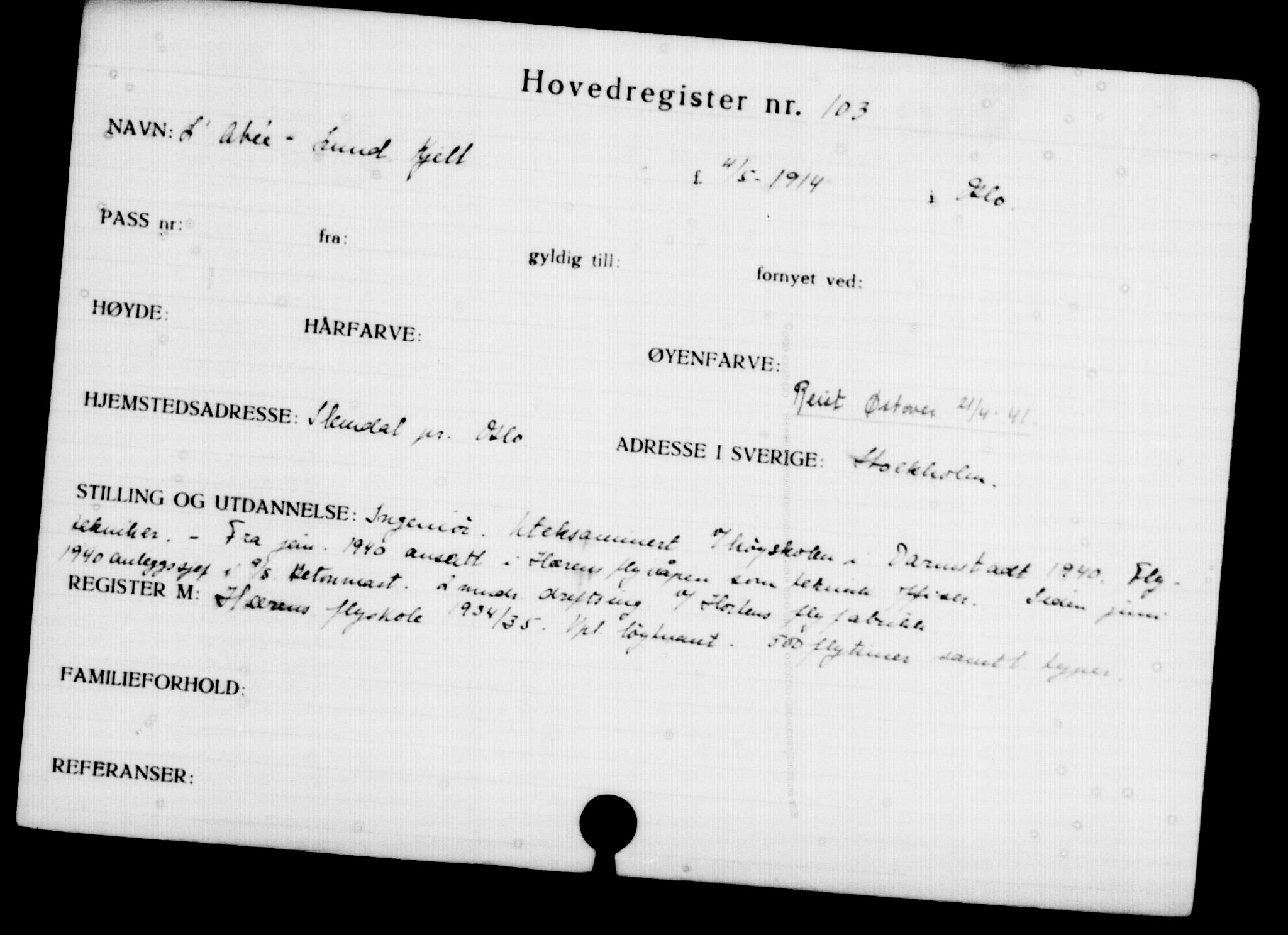 Utenriksstasjonene, Legasjonen i Stockholm, Flyktningkontoret, AV/RA-S-6753/V/Va/L0001: Kjesäterkartoteket, flyktninger med registreringsnr. 1-1000, 1940-1945, p. 174