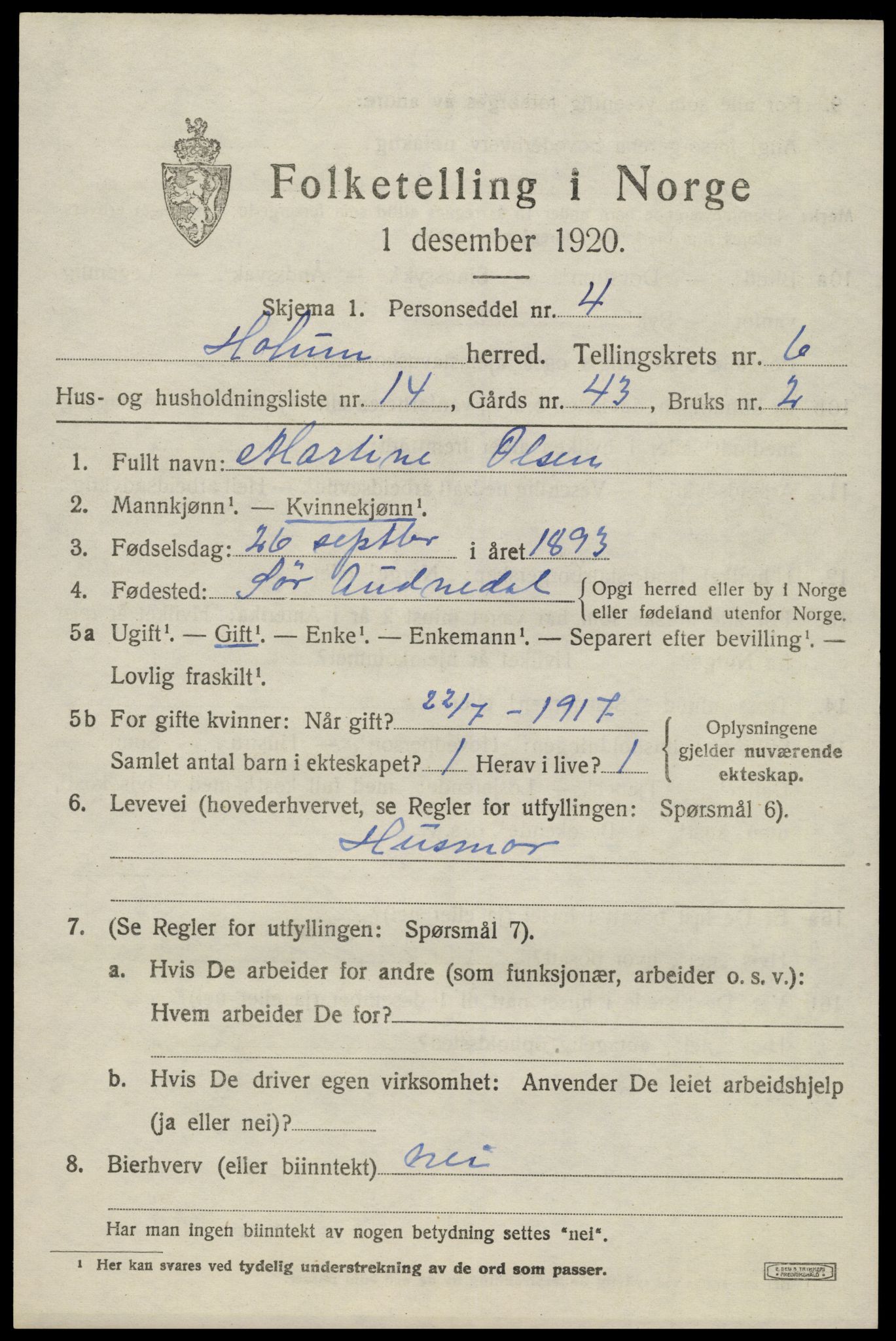 SAK, 1920 census for Holum, 1920, p. 2391