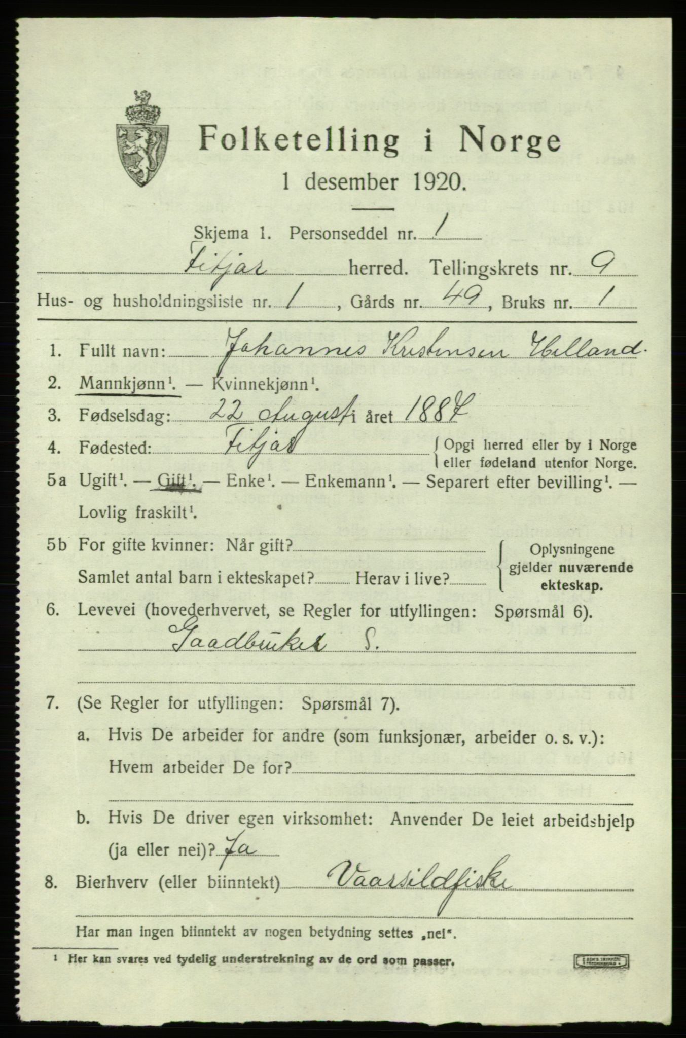 SAB, 1920 census for Fitjar, 1920, p. 3732