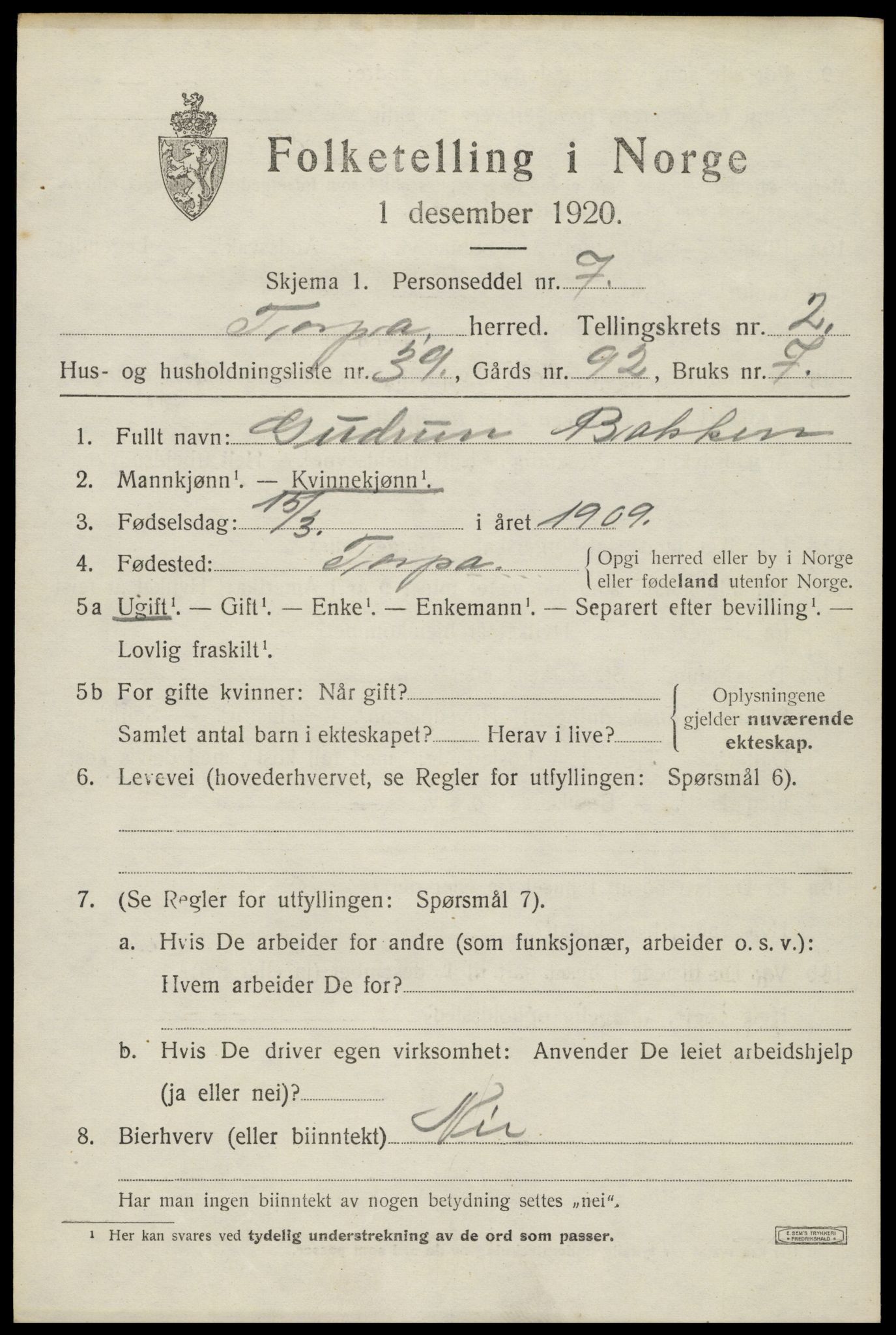 SAH, 1920 census for Torpa, 1920, p. 2131