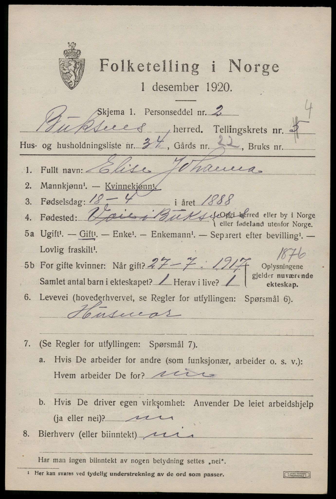 SAT, 1920 census for Buksnes, 1920, p. 5009