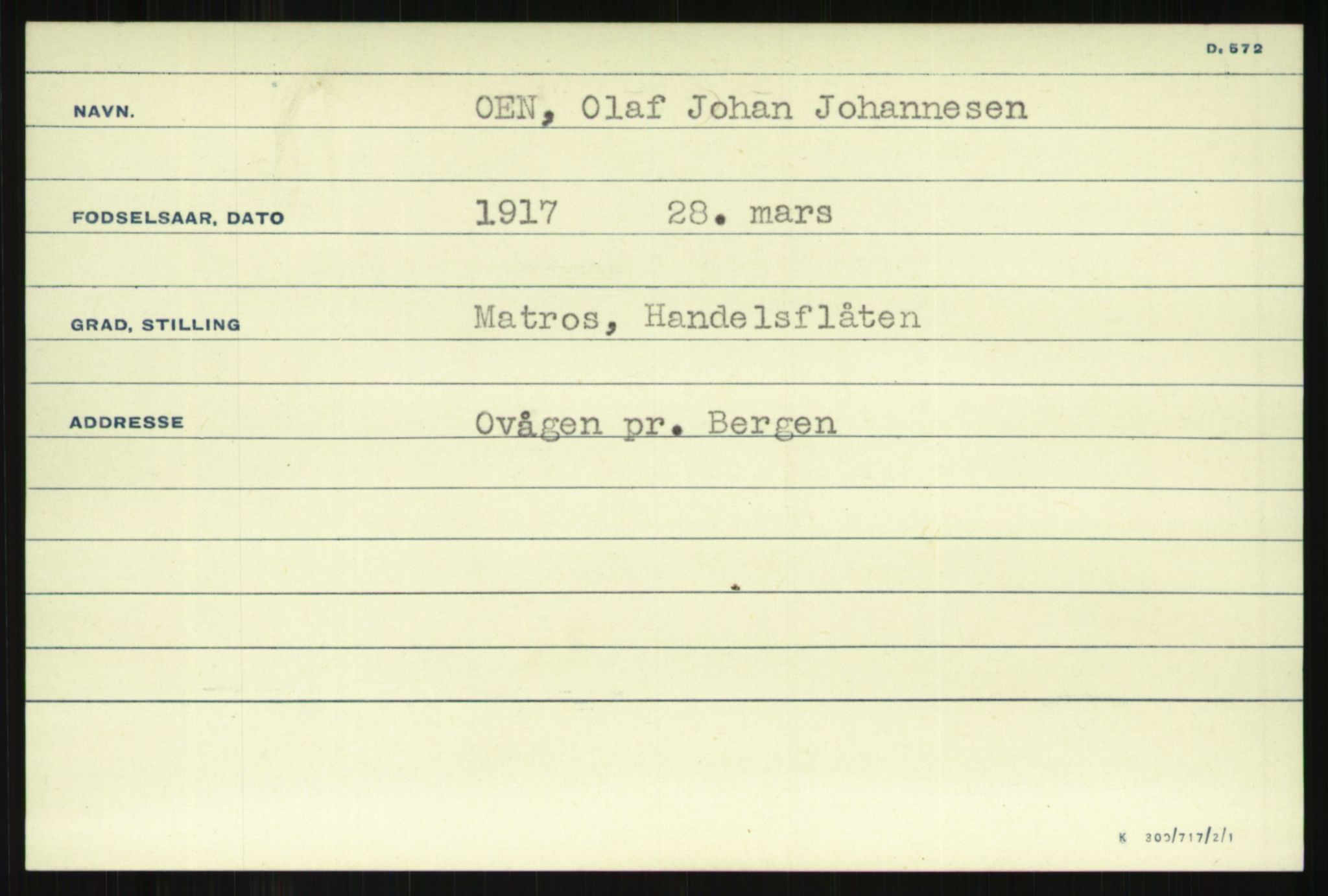 Direktoratet for sjømenn, AV/RA-S-3545/G/Gi/L0008: Kartotek over krigsdekorasjoner tildelt nordmenn under krigen, 1940-1945, p. 9