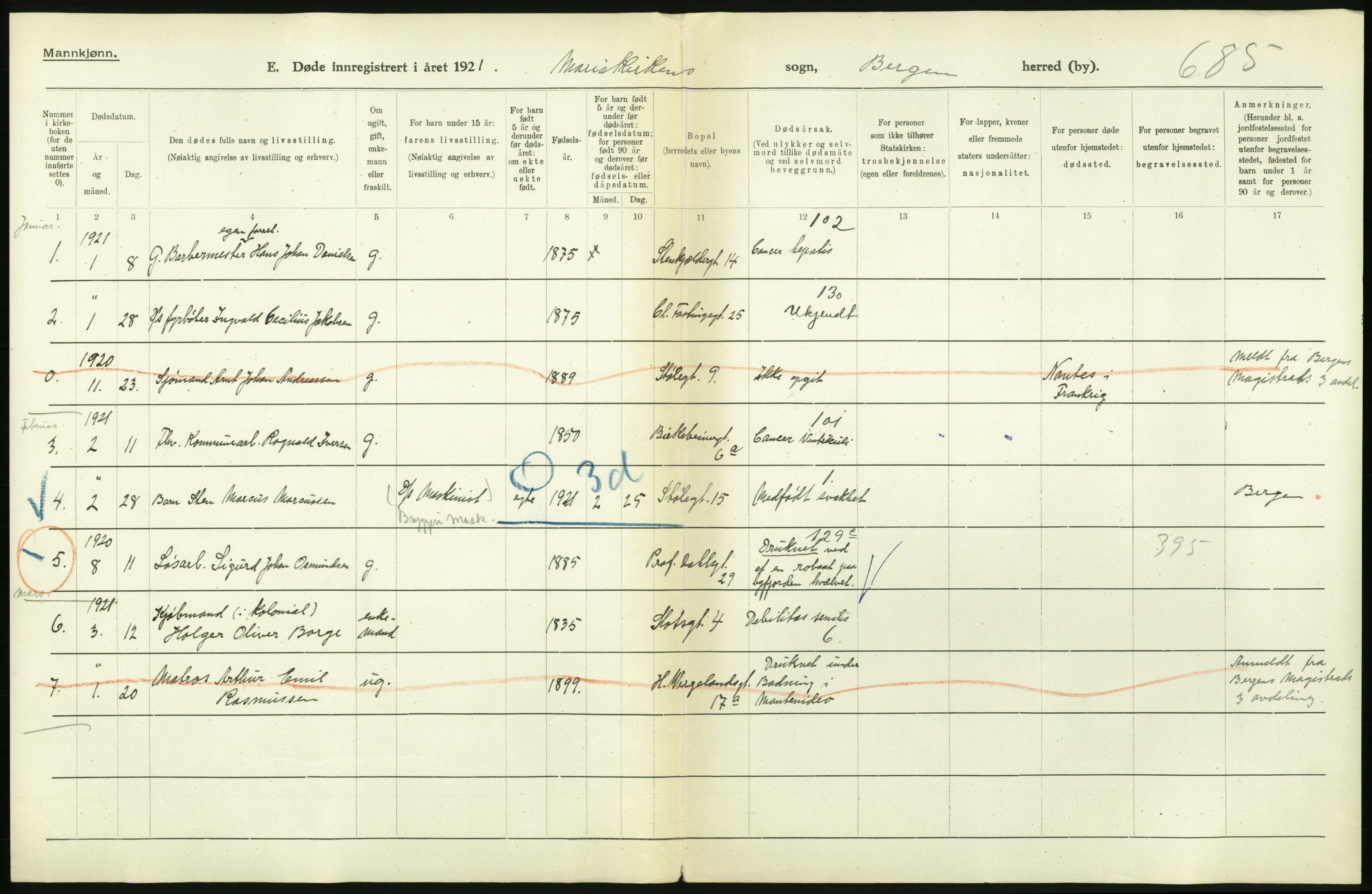 Statistisk sentralbyrå, Sosiodemografiske emner, Befolkning, AV/RA-S-2228/D/Df/Dfc/Dfca/L0036: Bergen: Døde., 1921, p. 82