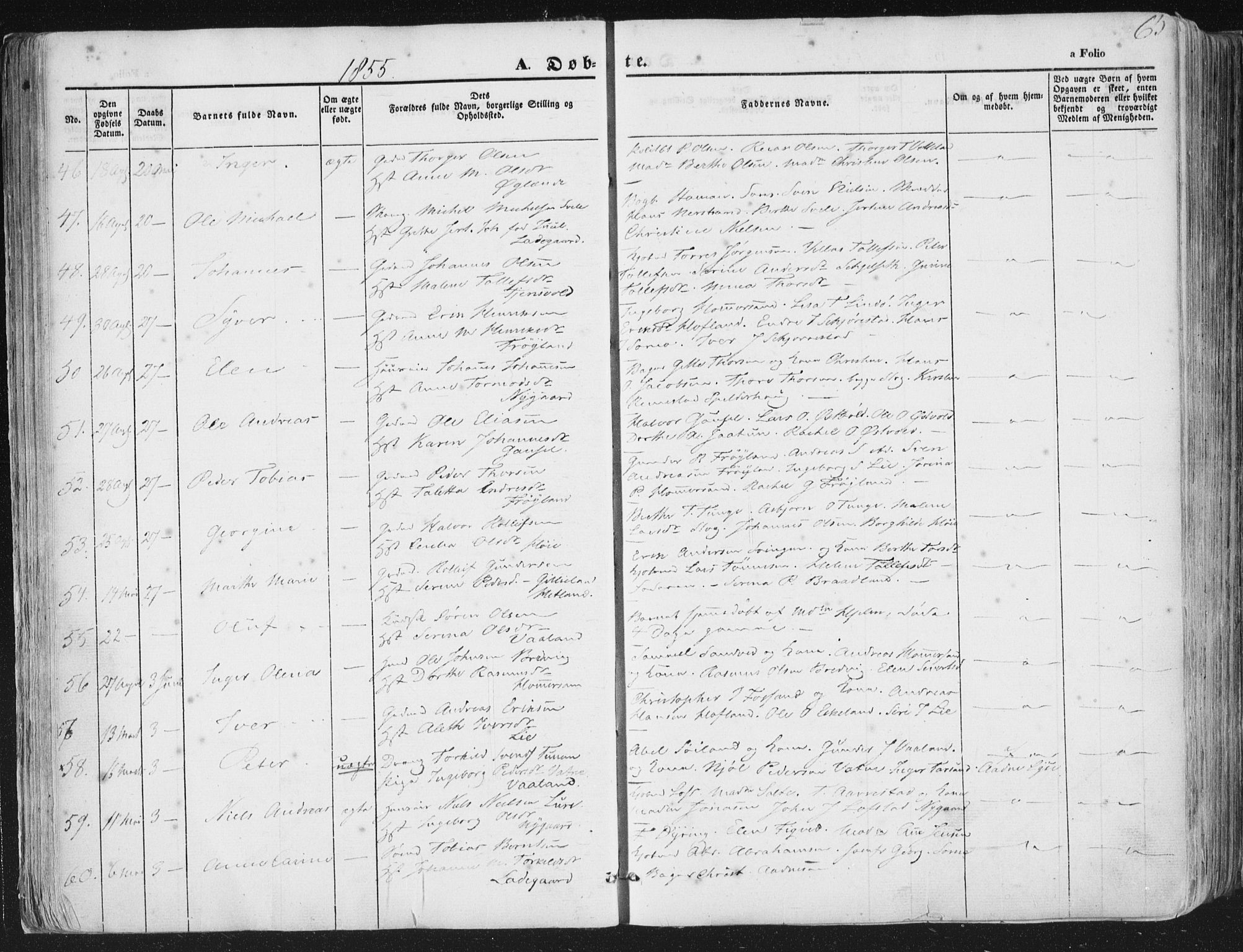 Hetland sokneprestkontor, AV/SAST-A-101826/30/30BA/L0002: Parish register (official) no. A 2, 1849-1869, p. 65