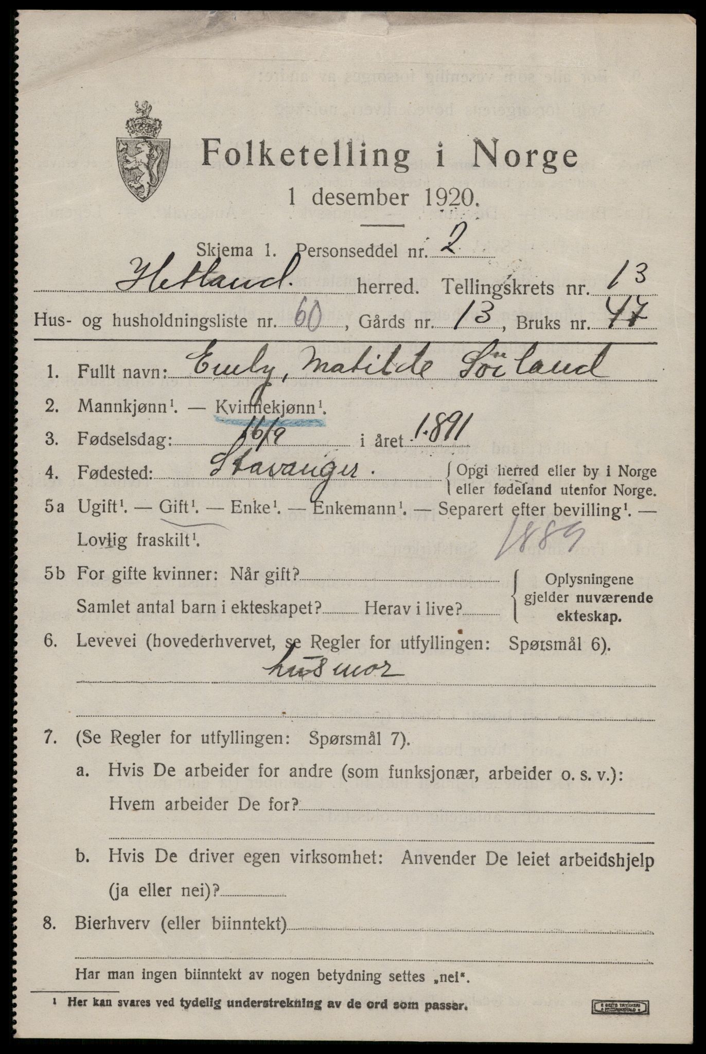 SAST, 1920 census for Hetland, 1920, p. 22209