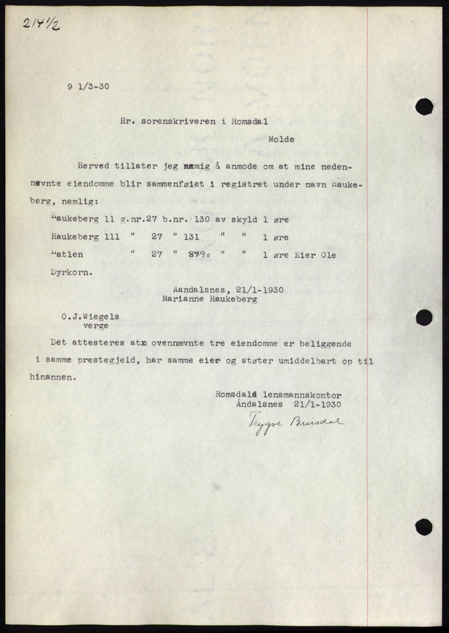 Romsdal sorenskriveri, AV/SAT-A-4149/1/2/2C/L0057: Mortgage book no. 51, 1929-1930, Deed date: 15.02.1930