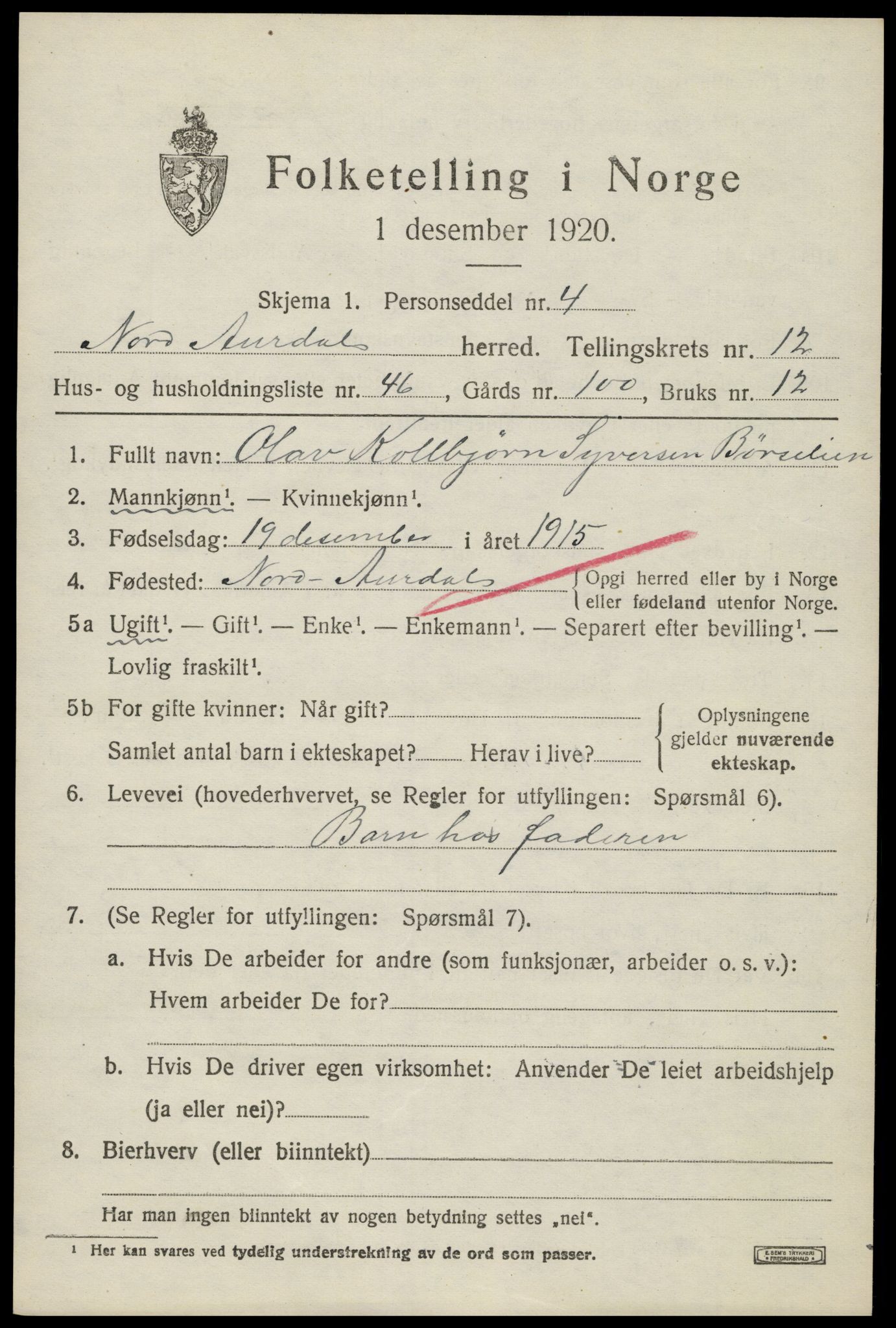 SAH, 1920 census for Nord-Aurdal, 1920, p. 10308