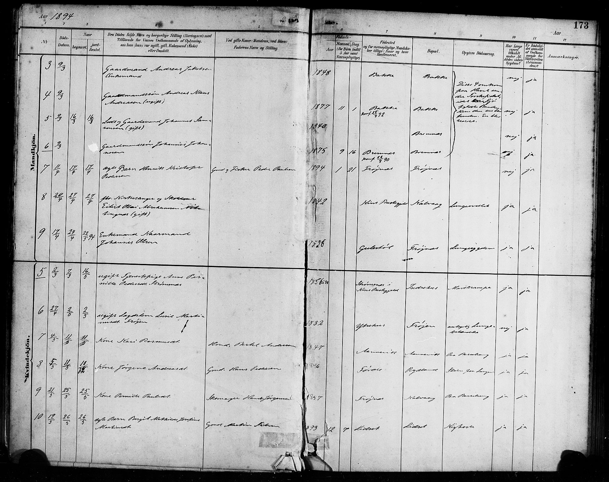 Bremanger sokneprestembete, AV/SAB-A-82201/H/Haa/Haab/L0001: Parish register (official) no. B 1, 1884-1895, p. 173