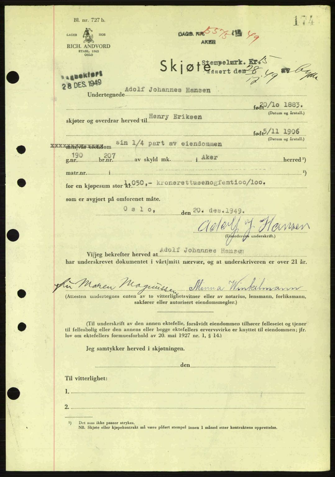 Oslo byskriverembete, AV/SAO-A-10227/G/Gb/Gbd/Gbda/L0017: Mortgage book no. A215, 1949-1950, Diary no: : 15575/1949