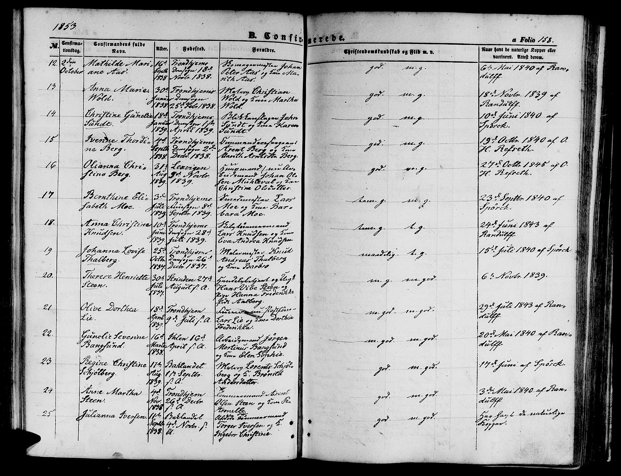 Ministerialprotokoller, klokkerbøker og fødselsregistre - Sør-Trøndelag, SAT/A-1456/602/L0138: Parish register (copy) no. 602C06, 1853-1858, p. 158