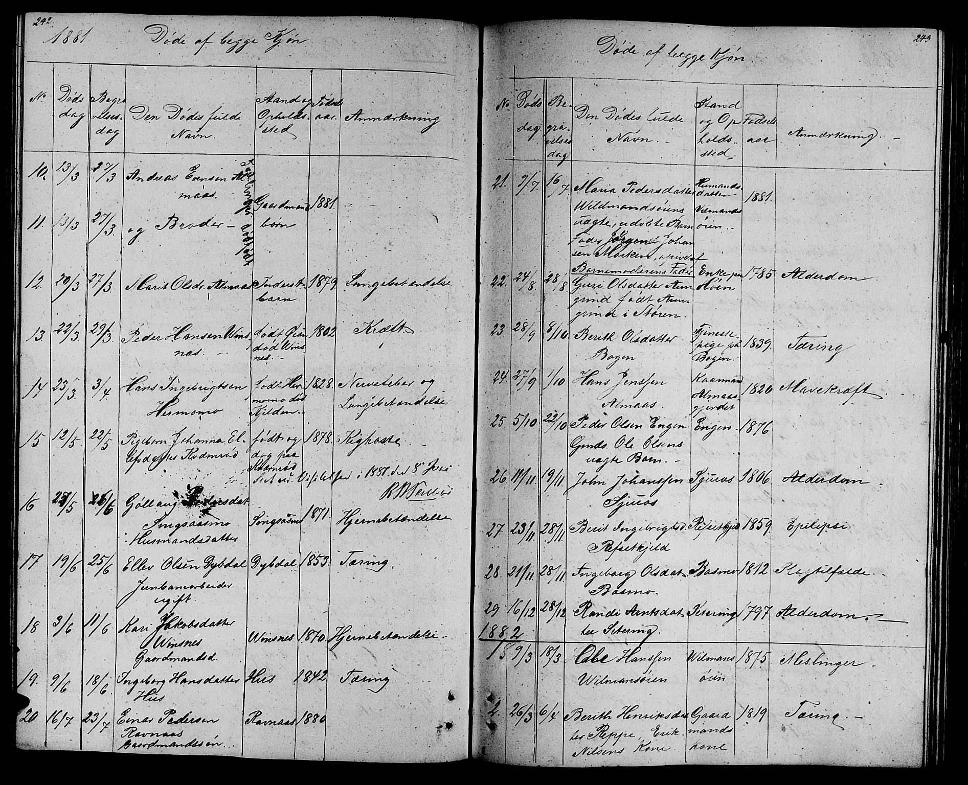 Ministerialprotokoller, klokkerbøker og fødselsregistre - Sør-Trøndelag, SAT/A-1456/688/L1027: Parish register (copy) no. 688C02, 1861-1889, p. 242-243