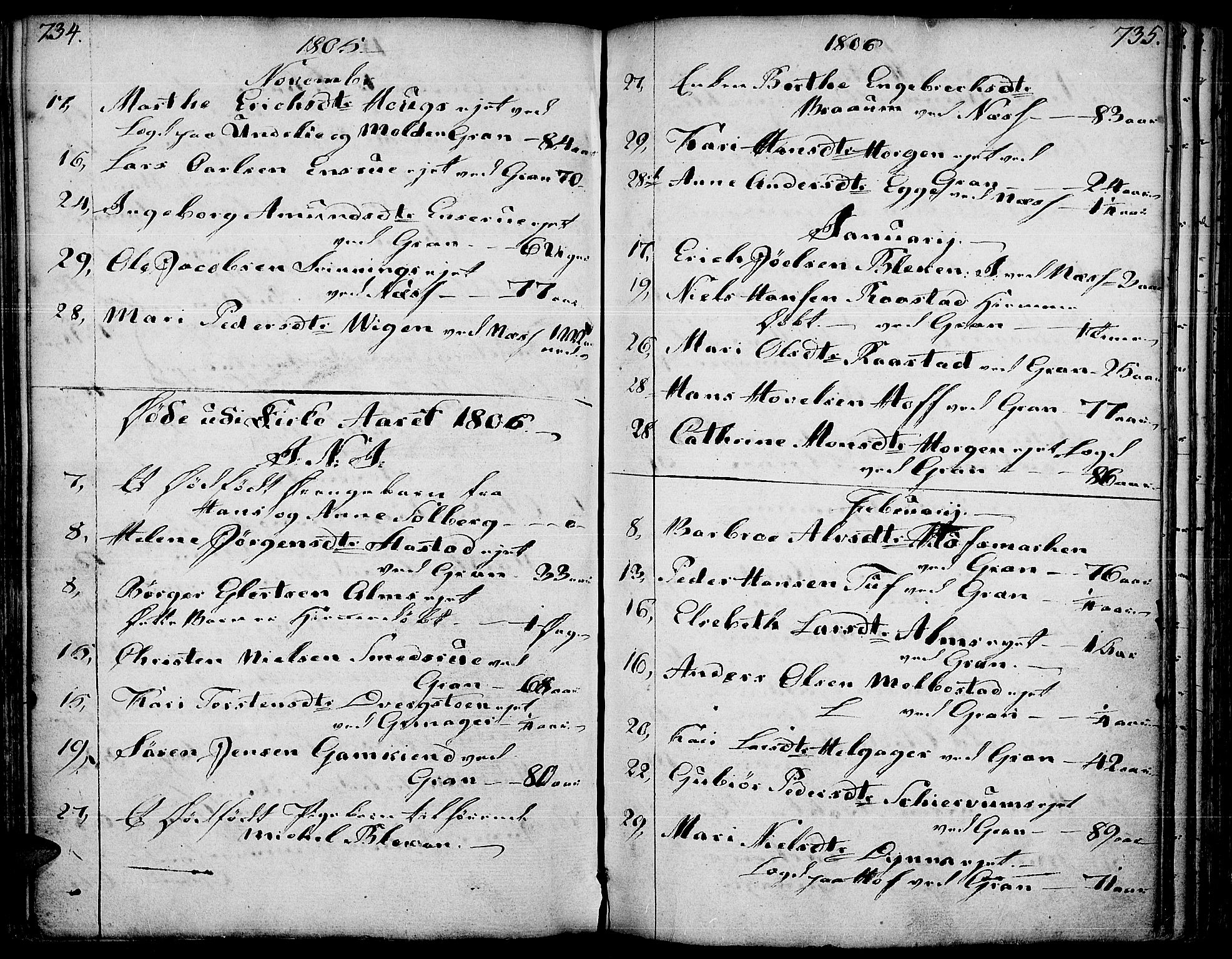 Gran prestekontor, SAH/PREST-112/H/Ha/Haa/L0006: Parish register (official) no. 6, 1787-1824, p. 734-735