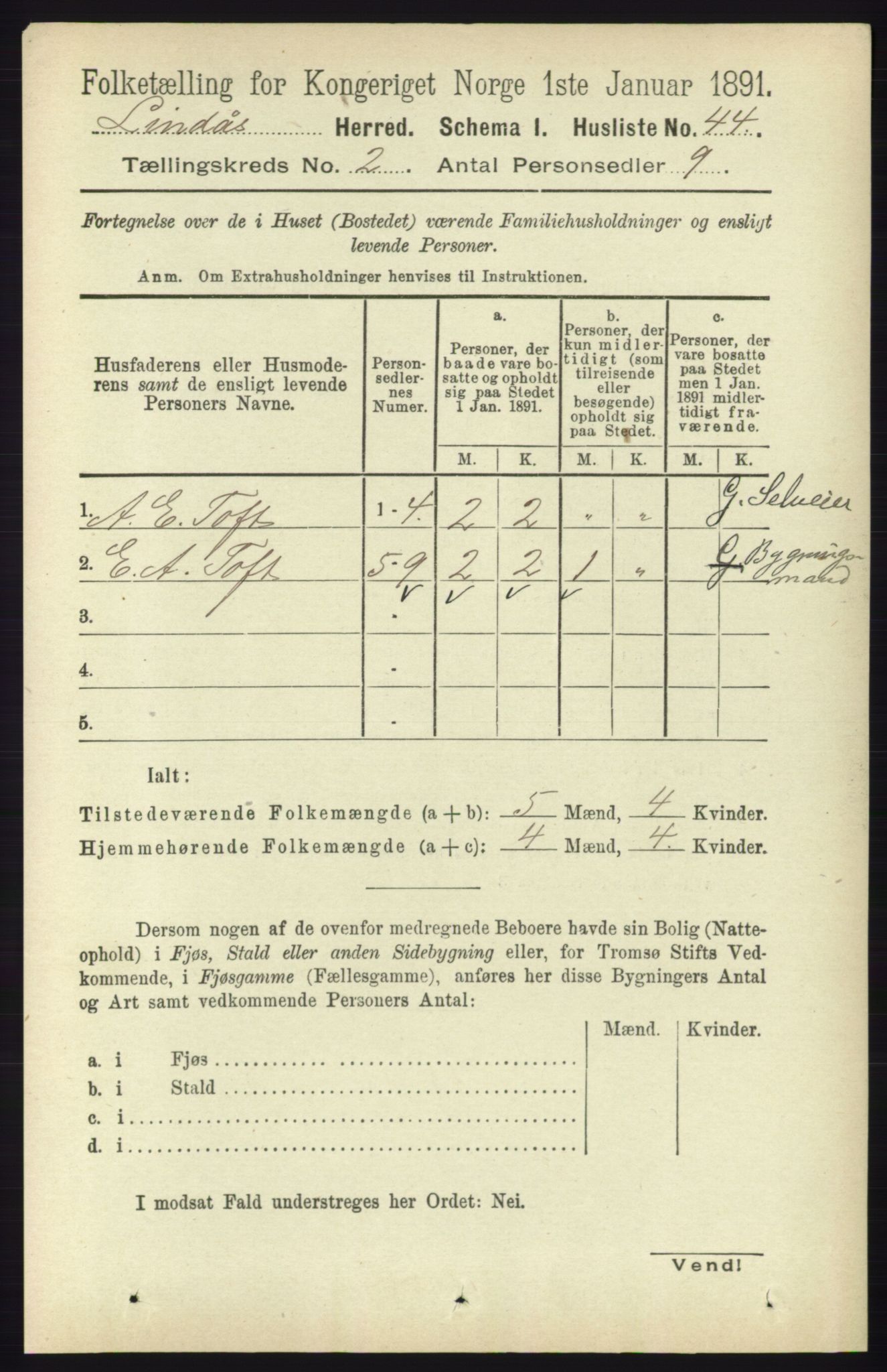 RA, 1891 census for 1263 Lindås, 1891, p. 419