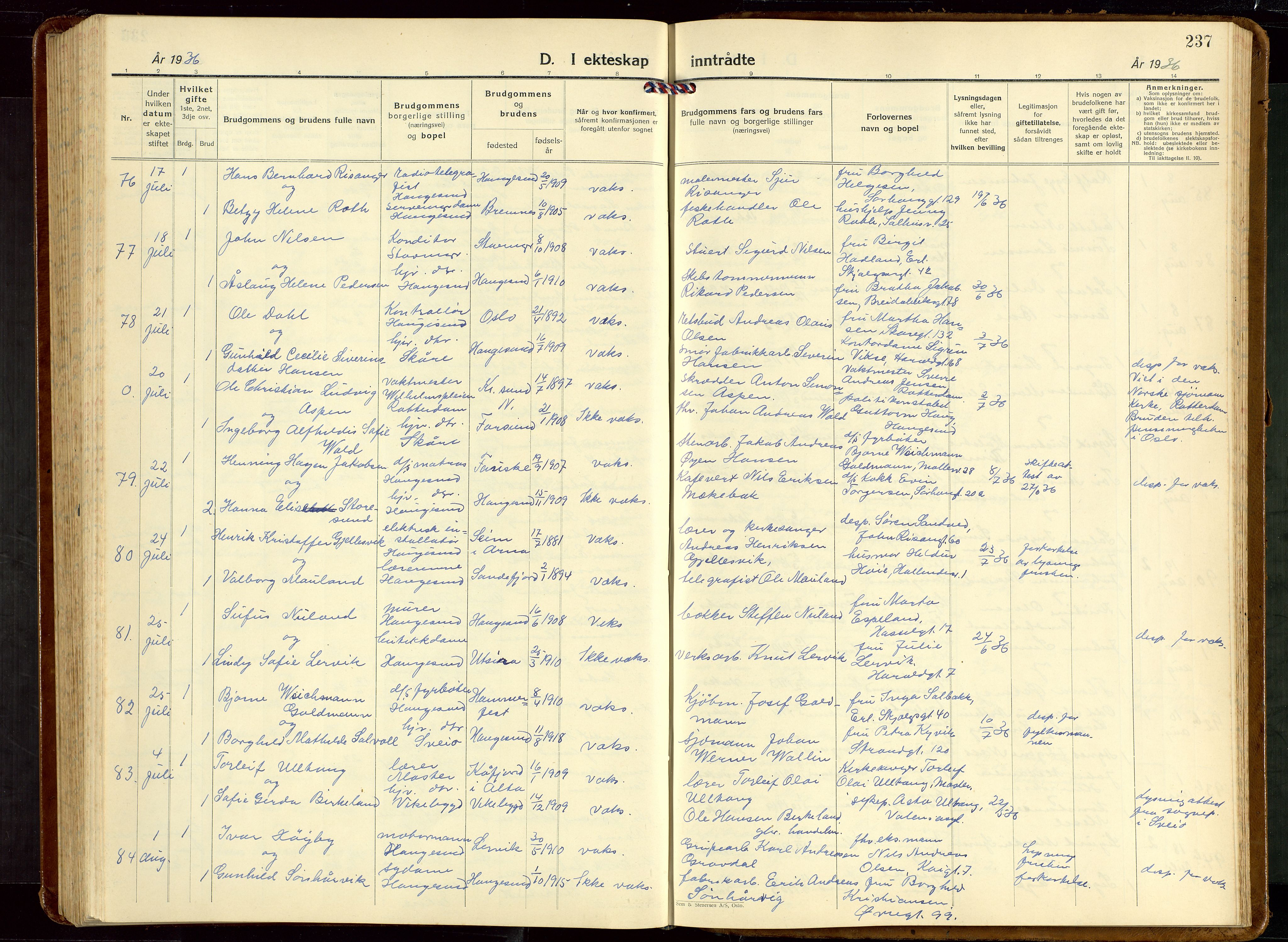 Haugesund sokneprestkontor, SAST/A -101863/H/Ha/Hab/L0013: Parish register (copy) no. B 13, 1931-1943, p. 237
