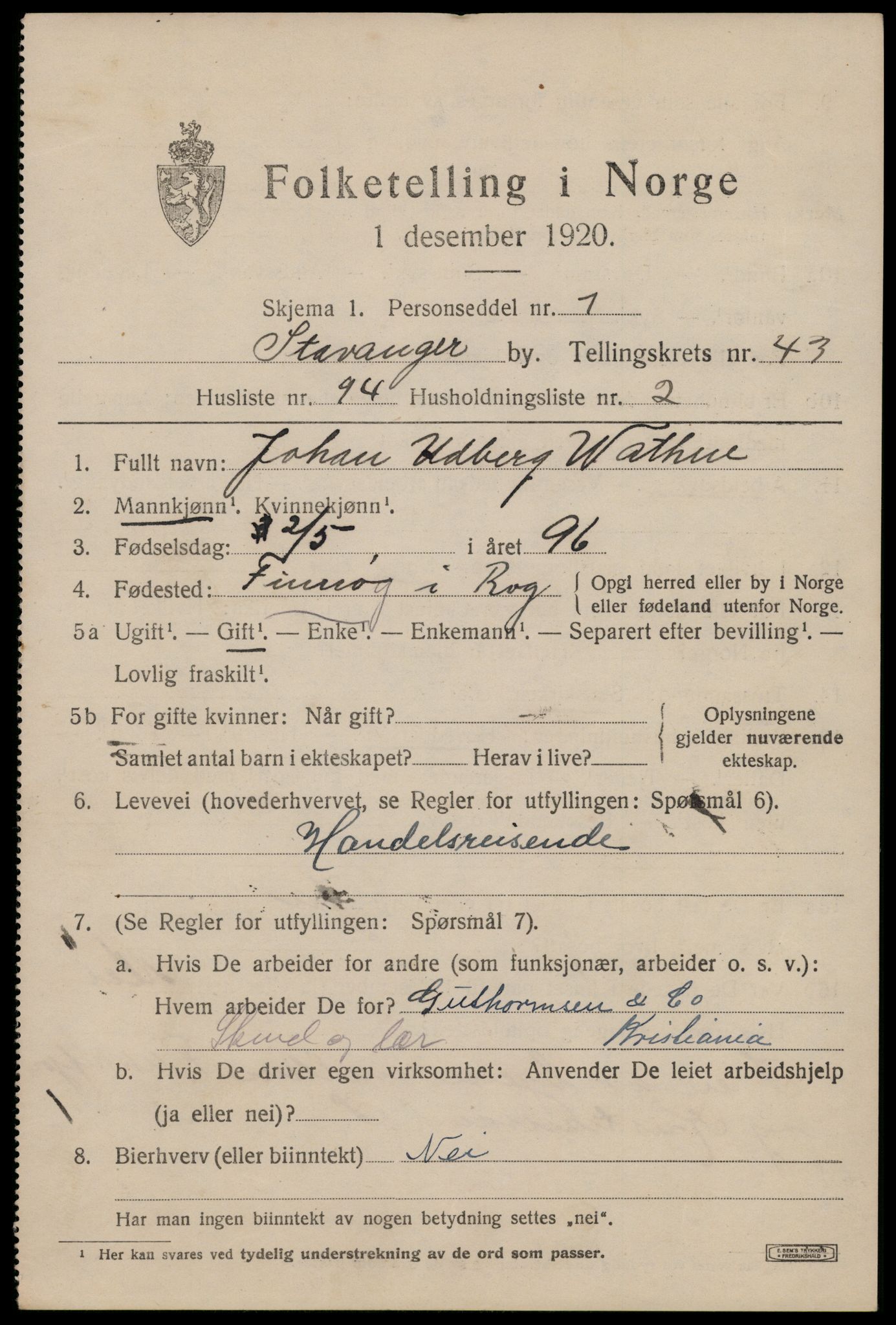 SAST, 1920 census for Stavanger, 1920, p. 108500