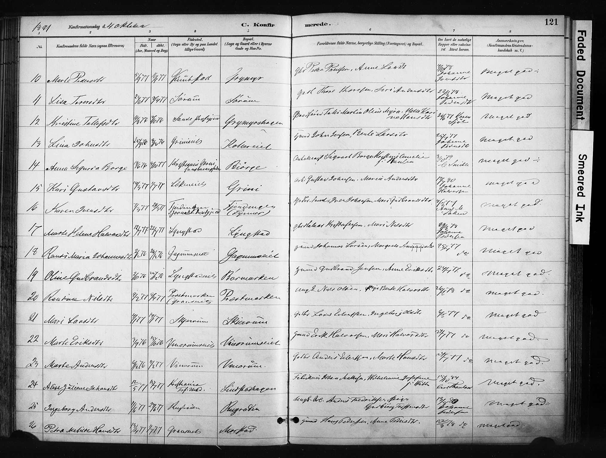 Gran prestekontor, SAH/PREST-112/H/Ha/Haa/L0017: Parish register (official) no. 17, 1889-1897, p. 121