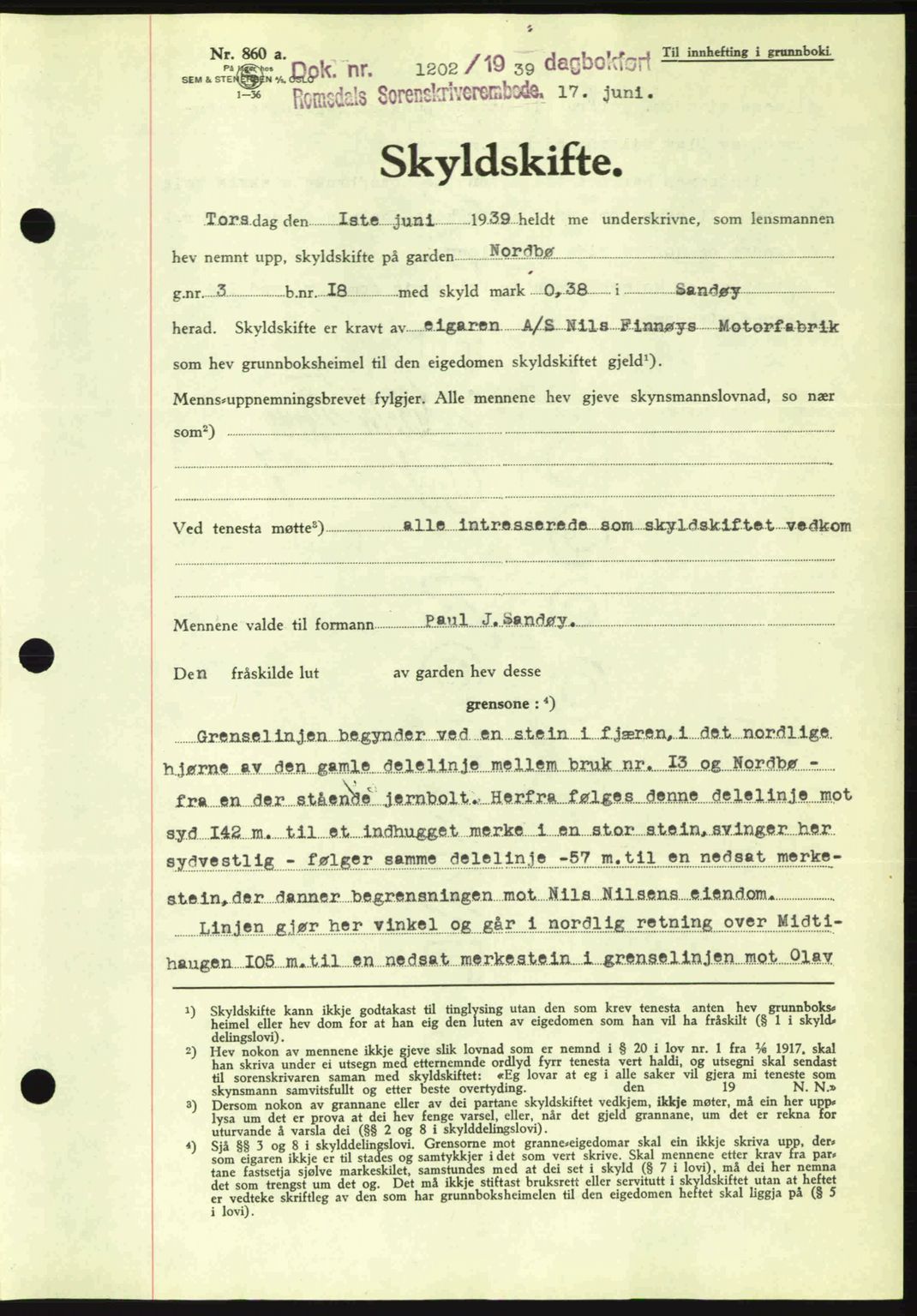 Romsdal sorenskriveri, AV/SAT-A-4149/1/2/2C: Mortgage book no. A7, 1939-1939, Diary no: : 1202/1939