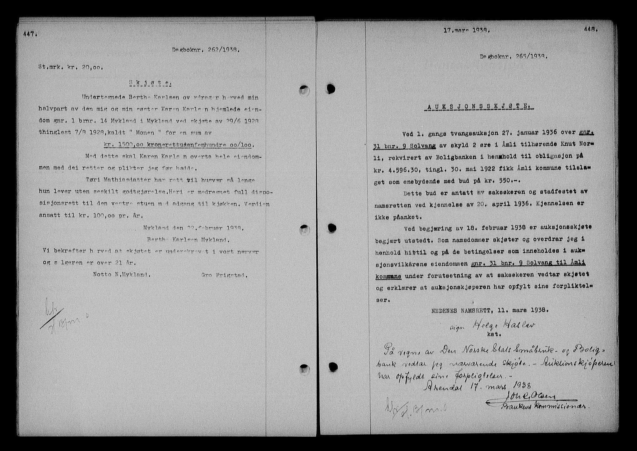 Nedenes sorenskriveri, SAK/1221-0006/G/Gb/Gba/L0044: Mortgage book no. 40, 1937-1938, Diary no: : 265/1938