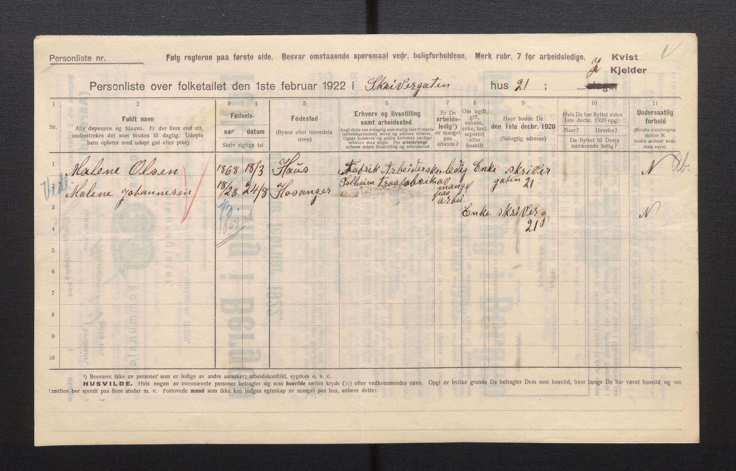 SAB, Municipal Census 1922 for Bergen, 1922, p. 57146