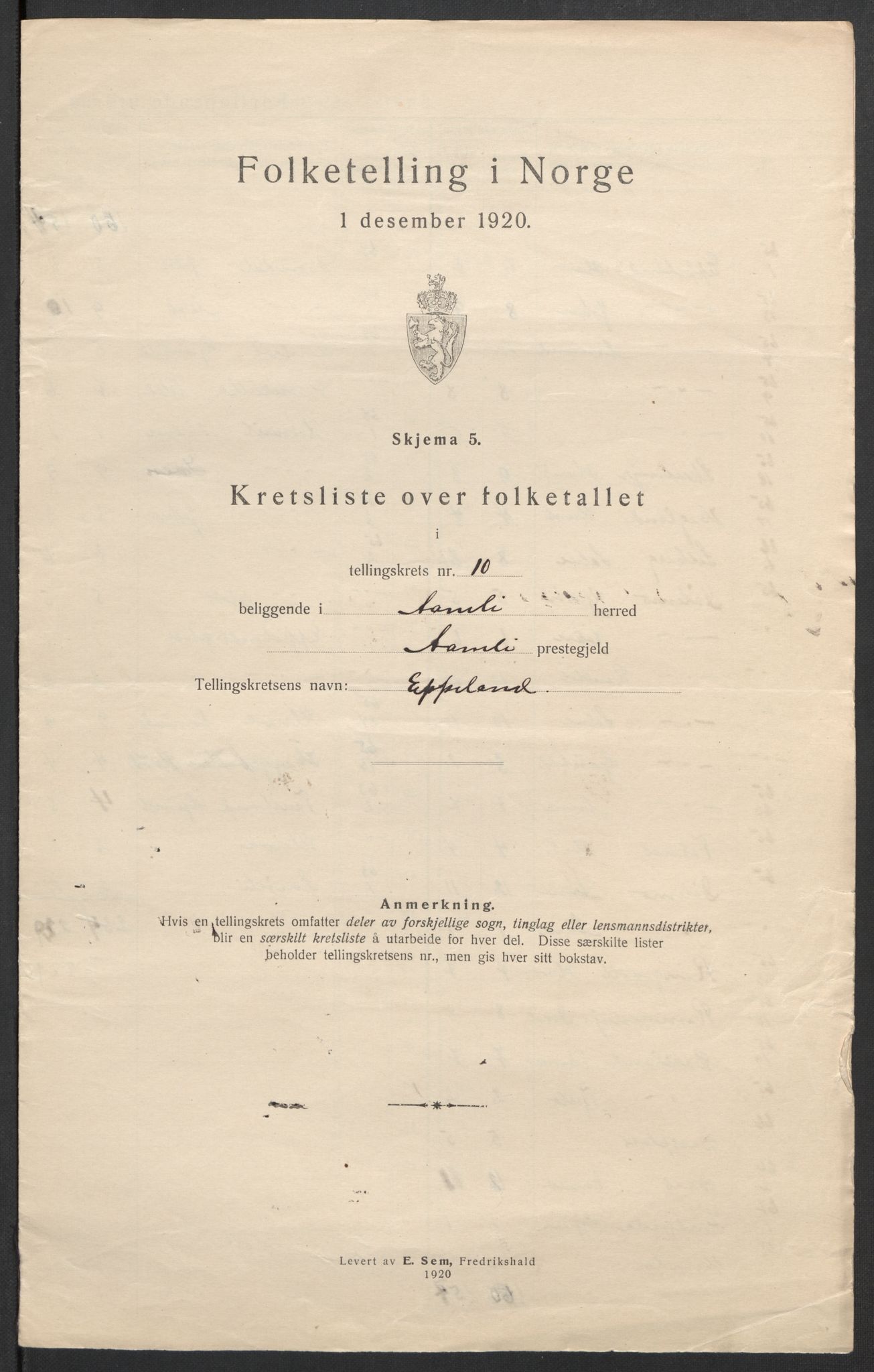 SAK, 1920 census for Åmli, 1920, p. 33