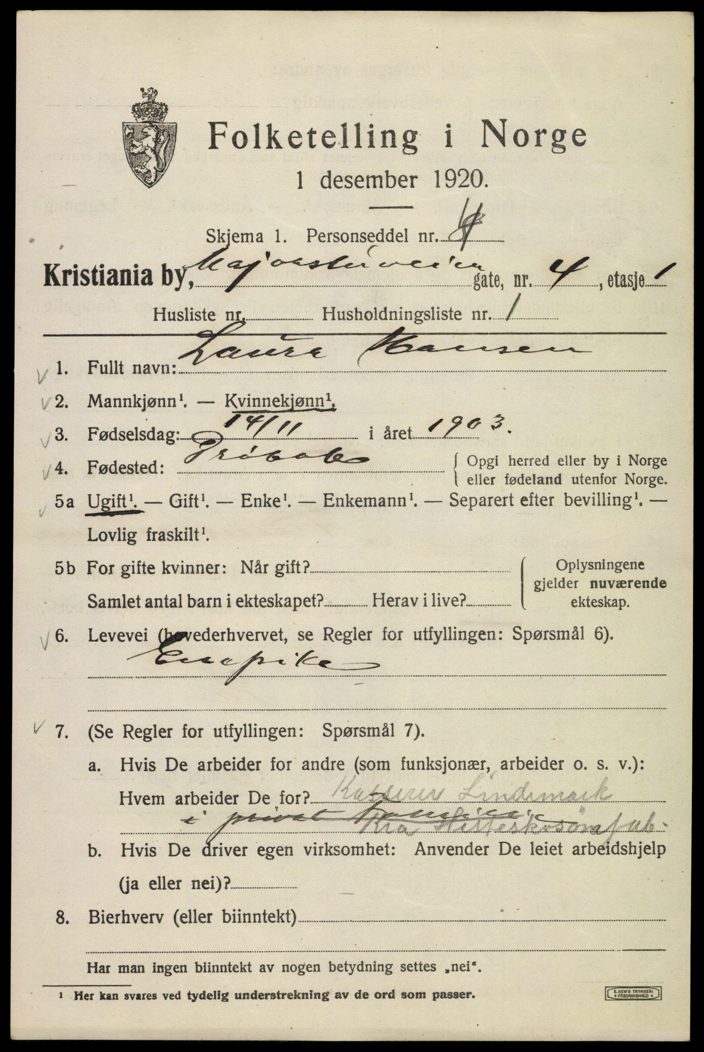 SAO, 1920 census for Kristiania, 1920, p. 371501