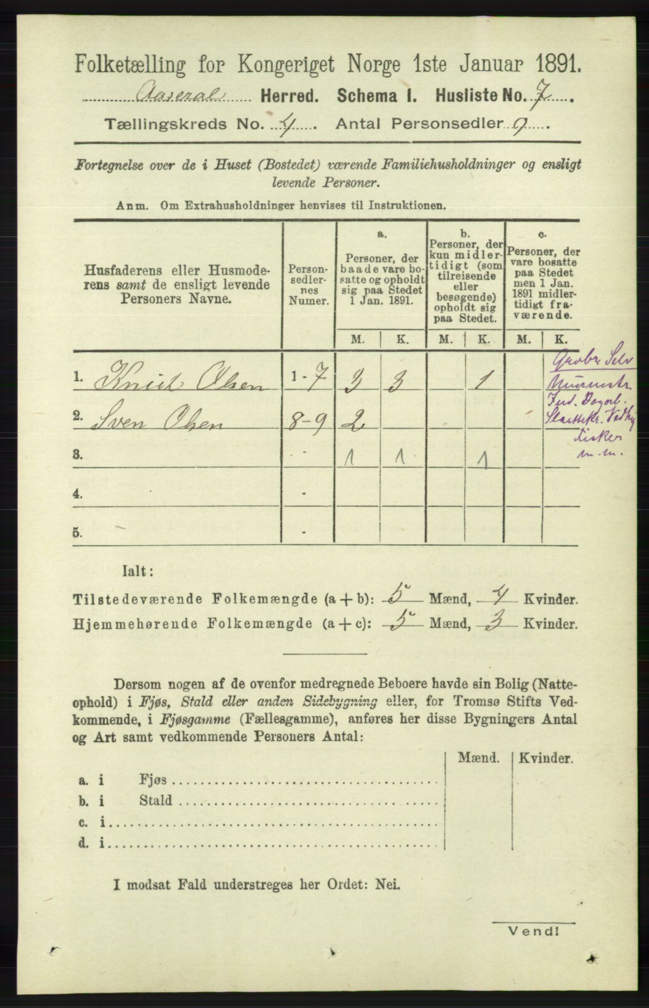 RA, 1891 census for 1026 Åseral, 1891, p. 1126