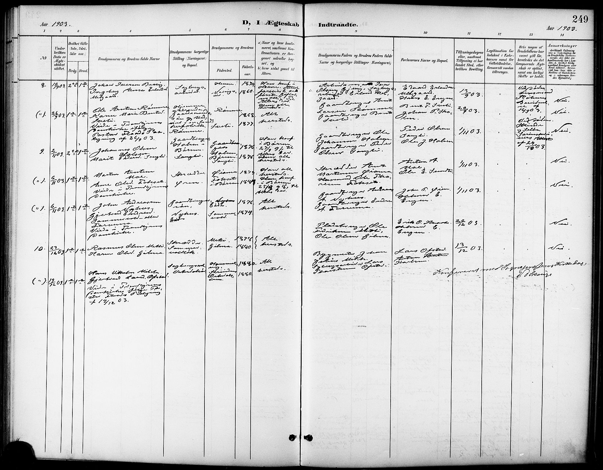 Ministerialprotokoller, klokkerbøker og fødselsregistre - Sør-Trøndelag, SAT/A-1456/668/L0819: Parish register (copy) no. 668C08, 1899-1912, p. 249