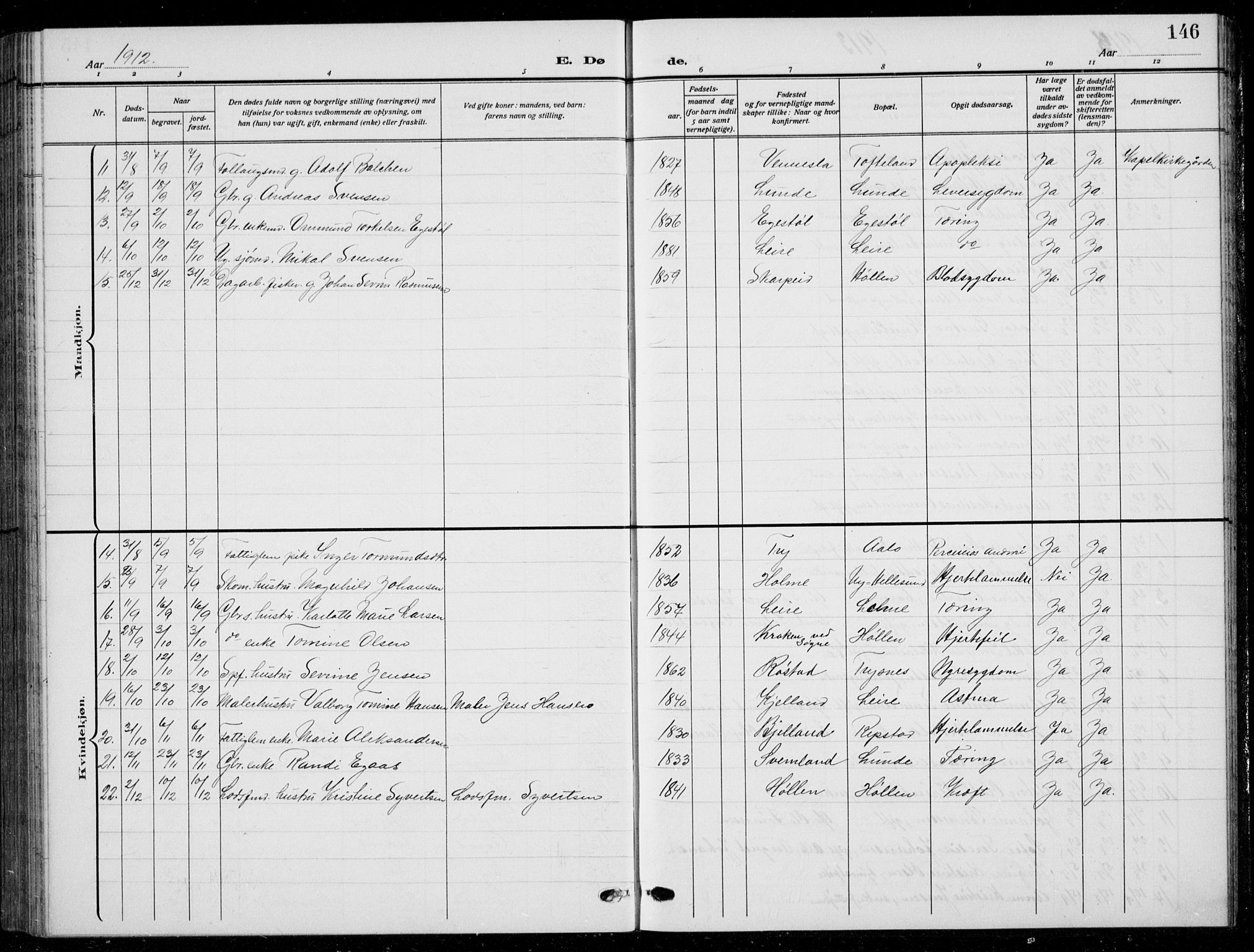 Søgne sokneprestkontor, SAK/1111-0037/F/Fb/Fbb/L0007: Parish register (copy) no. B 7, 1912-1931, p. 146