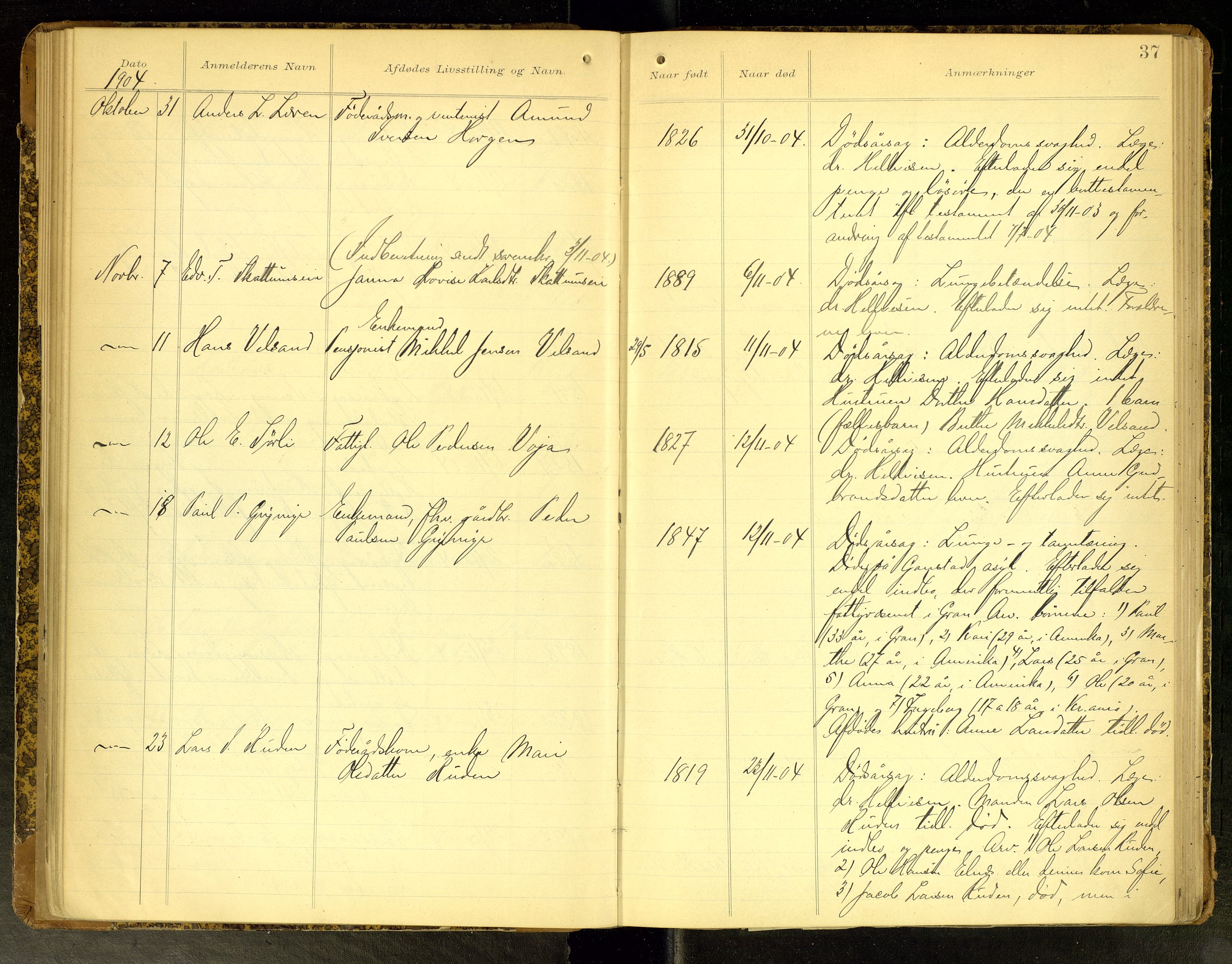 Gran lensmannskontor, AV/SAH-LOG-010/H/Ha/L0002: Dødsfallsprotokoll, 1899-1917, p. 37